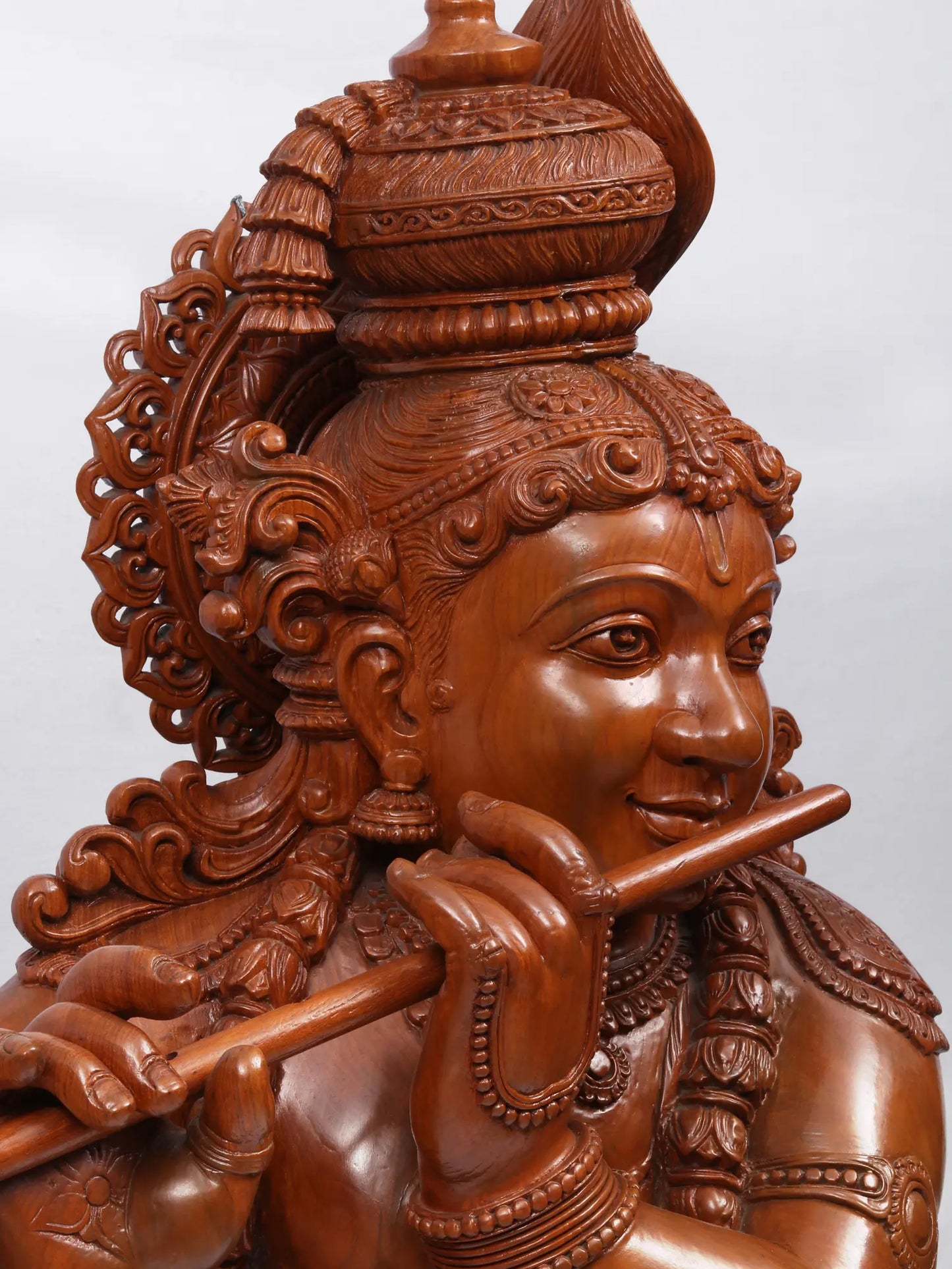 55" Masterpiece of Venugopala with Cow (Lord Krishna Playing Flute) | Teakwood Statue fot Temple