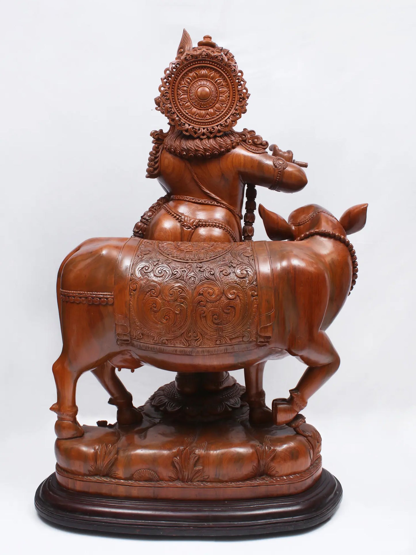 55" Masterpiece of Venugopala with Cow (Lord Krishna Playing Flute) | Teakwood Statue fot Temple