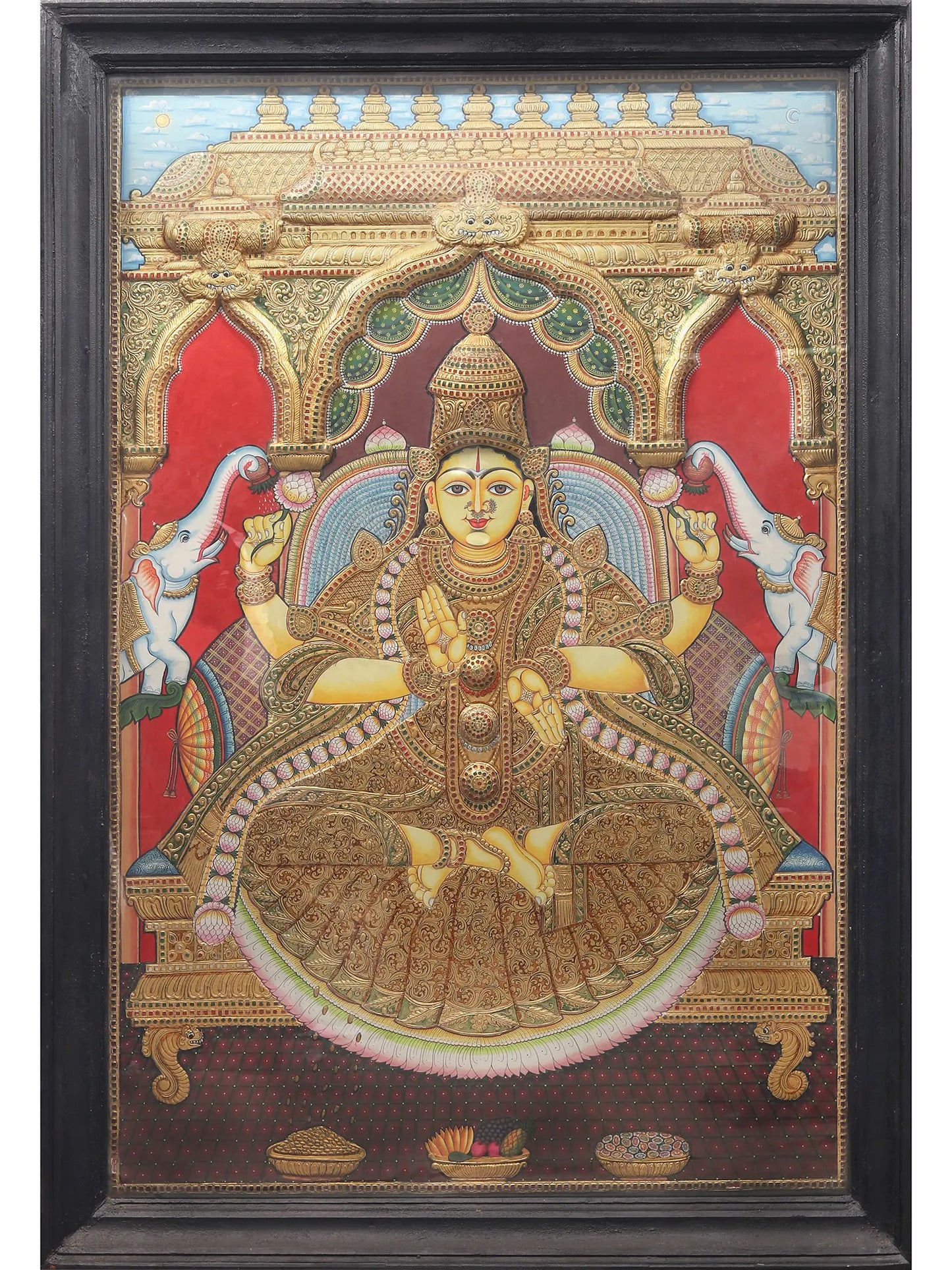 Super Large Tanjore Painting of Goddess Gajalakshmi with Frame | Traditional Colors with 24 Karat Gold