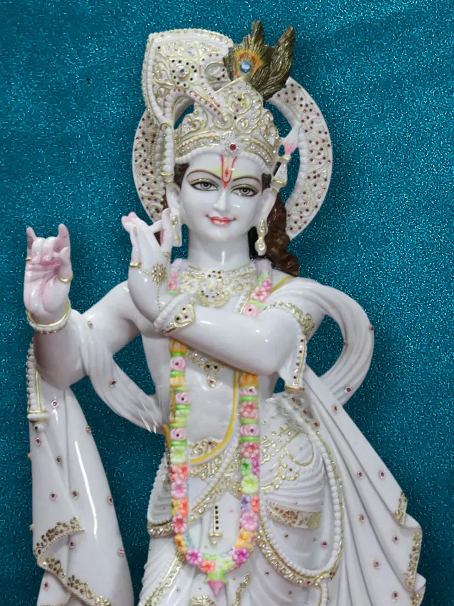 42" Radha Holding A Lotus and Standing Krishna | Super White Vietnam Marble Idol | Marble Statue for Temple