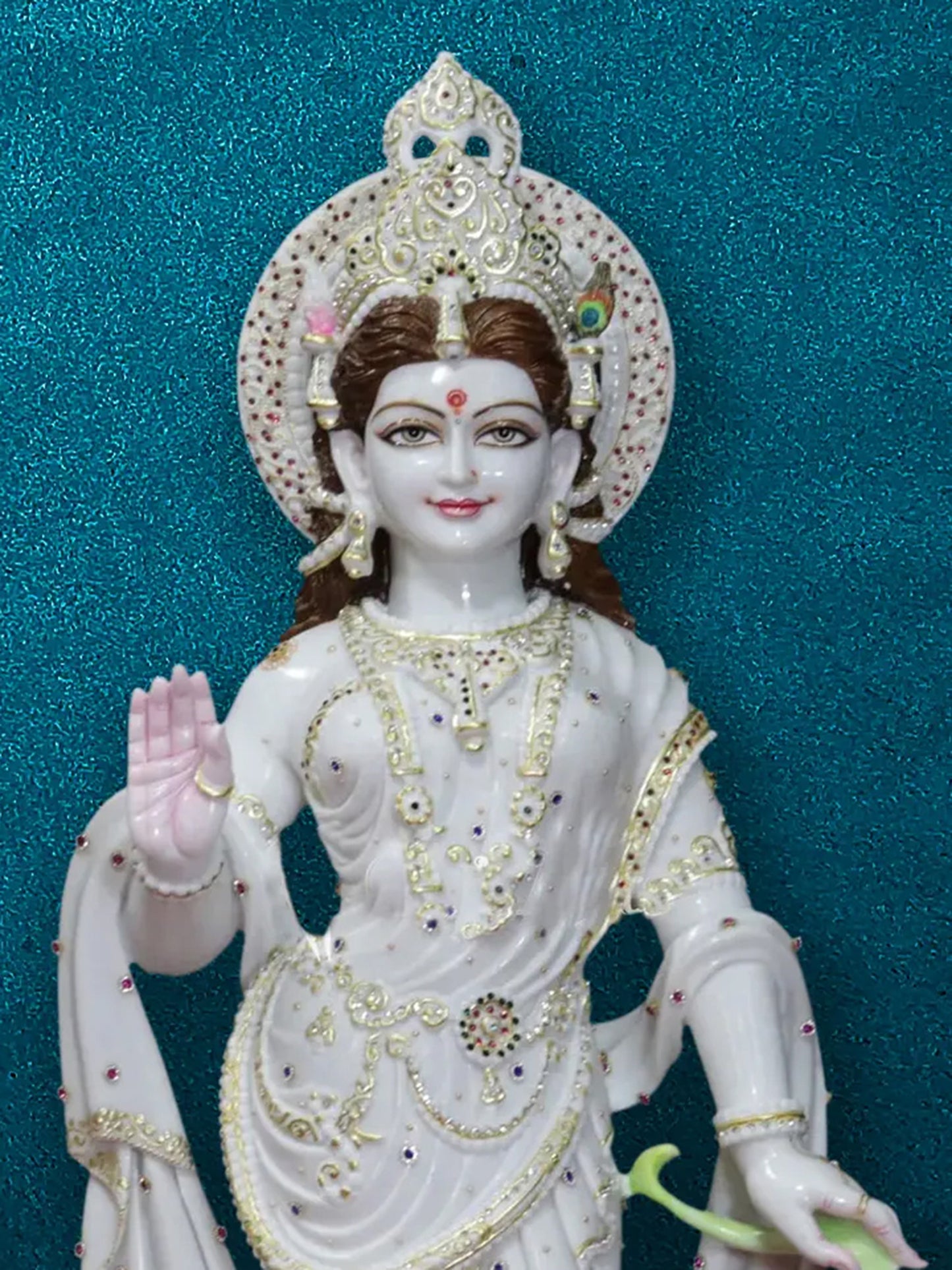 42" Radha Holding A Lotus and Standing Krishna | Super White Vietnam Marble Idol | Marble Statue for Temple