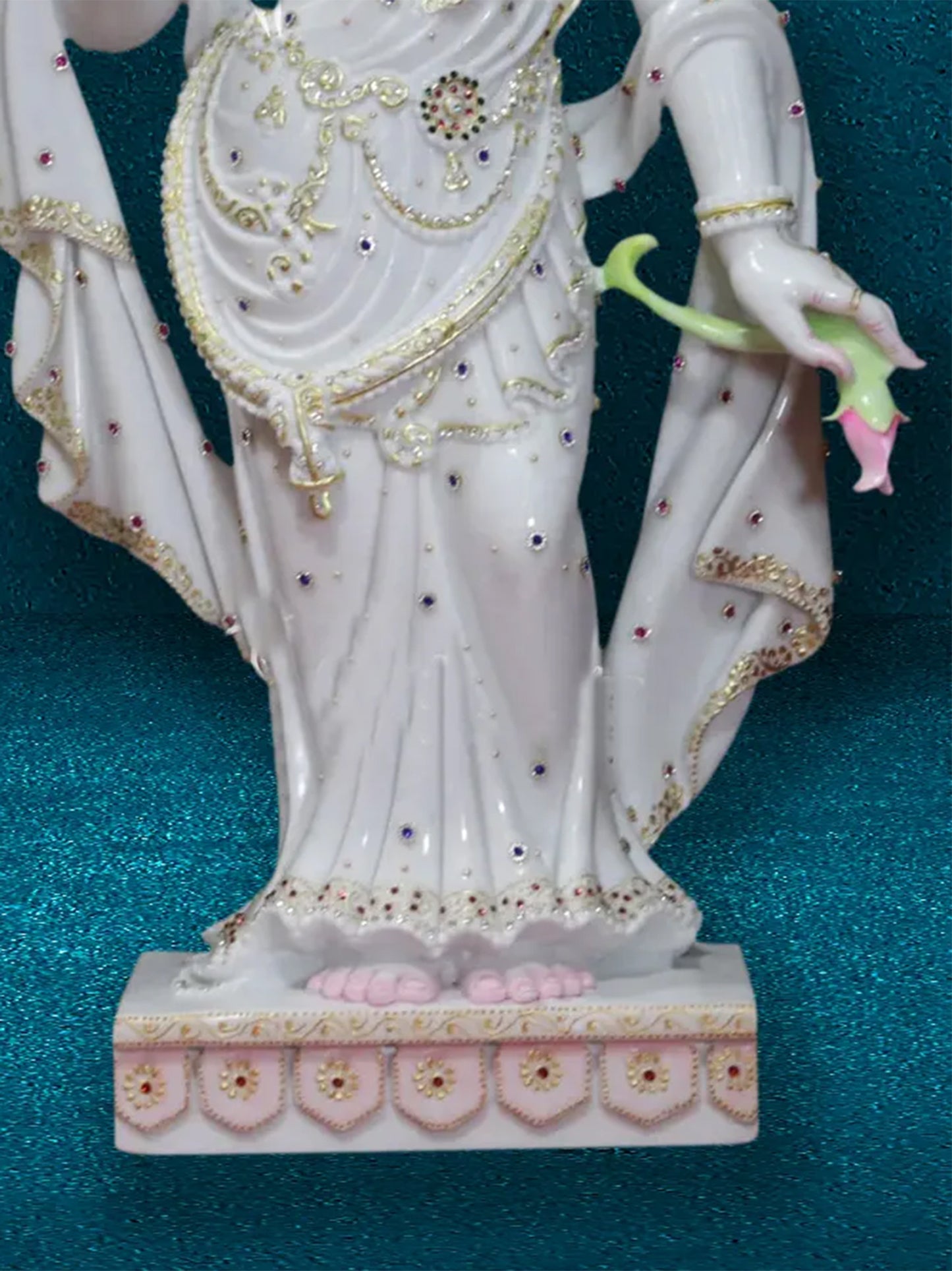 42" Radha Holding A Lotus and Standing Krishna | Super White Vietnam Marble Idol | Marble Statue for Temple