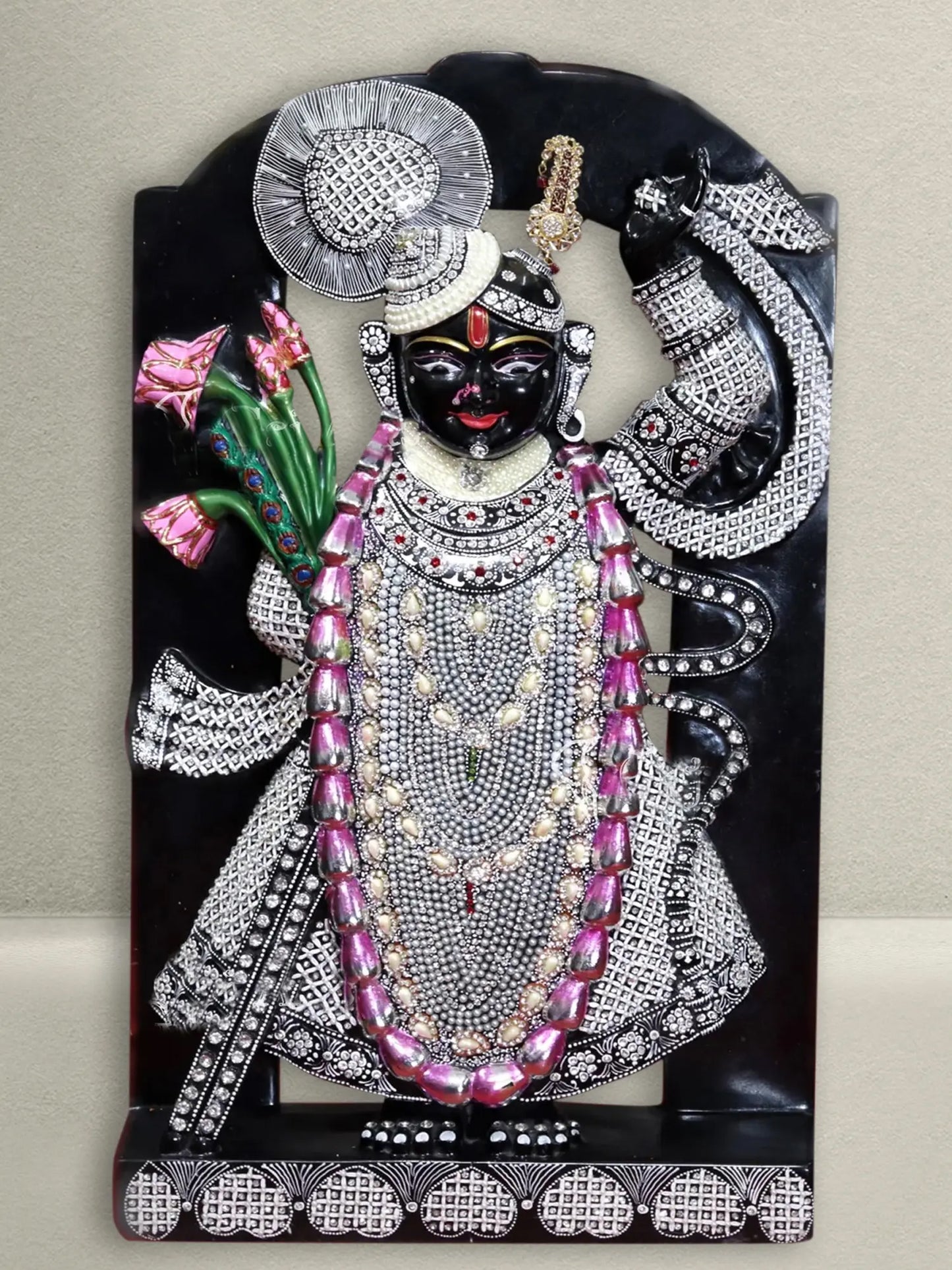 30" Shrinathji With Attractive Dress and Intricate Carving | Black Marble Figurine for Temple