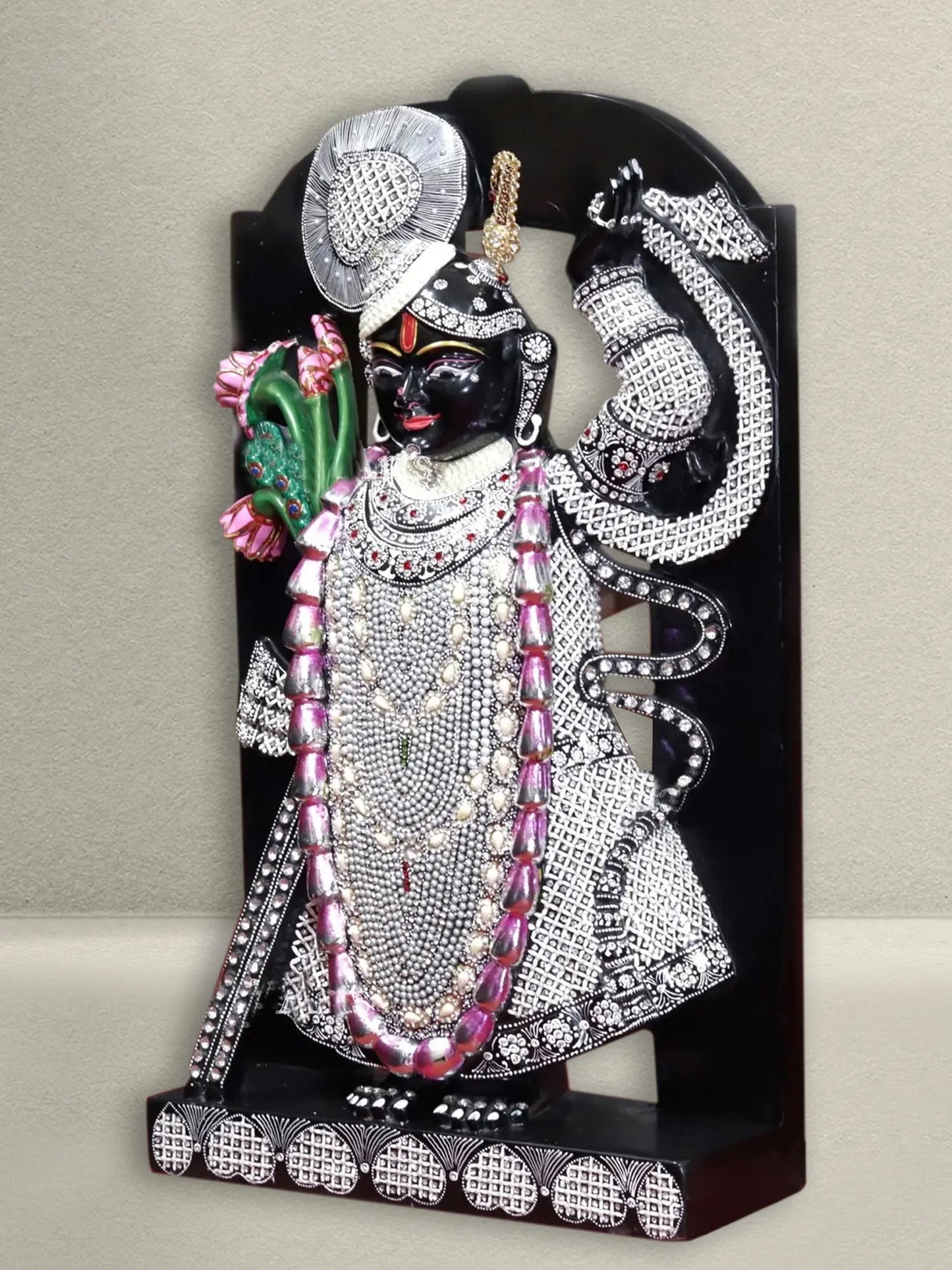 30" Shrinathji With Attractive Dress and Intricate Carving | Black Marble Figurine for Temple
