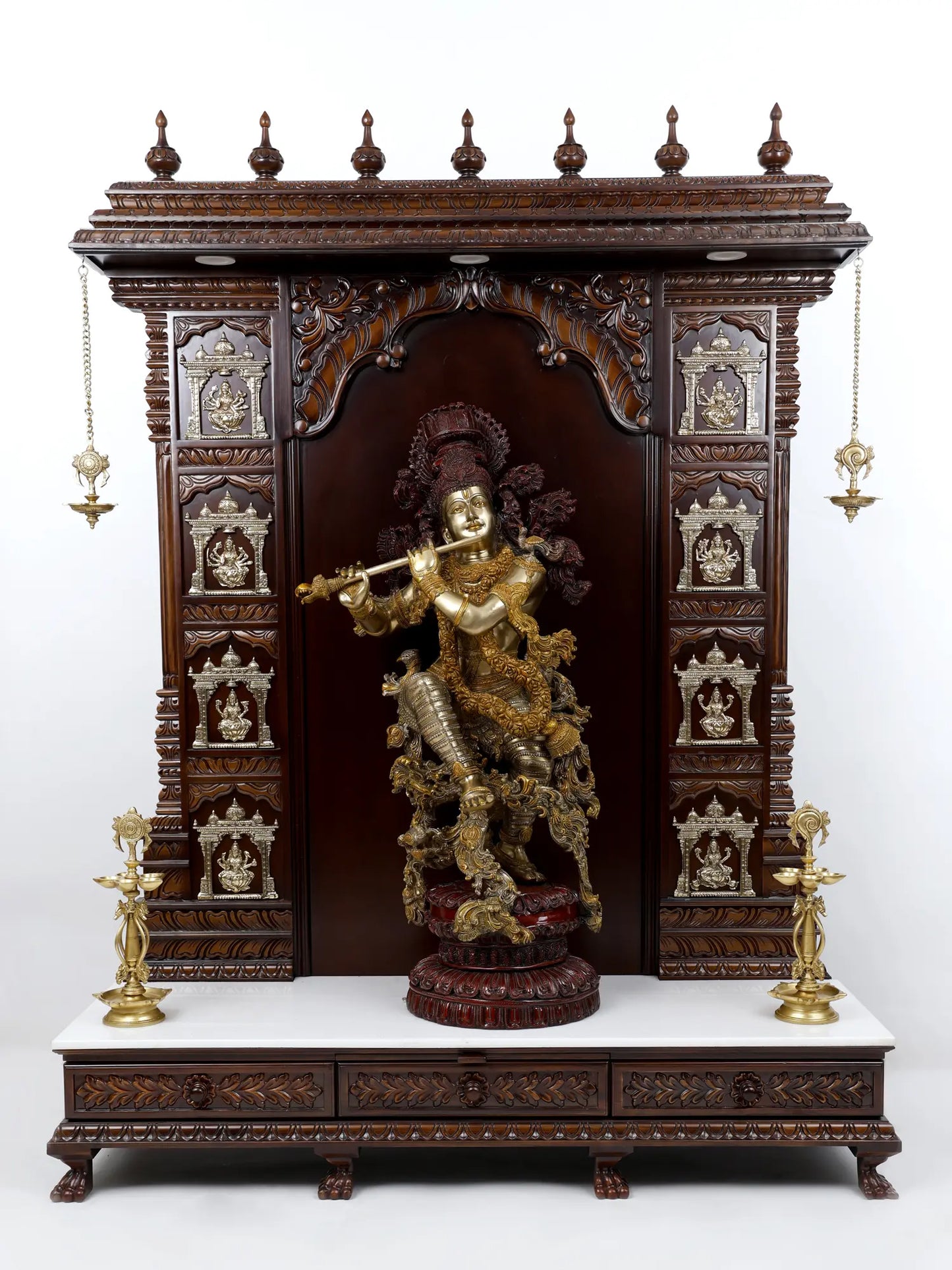 74" Large Designer Temple of Ashtalakshmi with Superfine Fluting Krishna Statue - Full Set | Wood, Brass and Marble Statue and Temple for Home