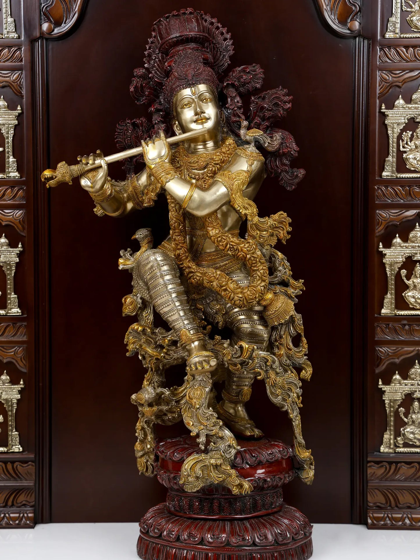 74" Large Designer Temple of Ashtalakshmi with Superfine Fluting Krishna Statue - Full Set | Wood, Brass and Marble Statue and Temple for Home