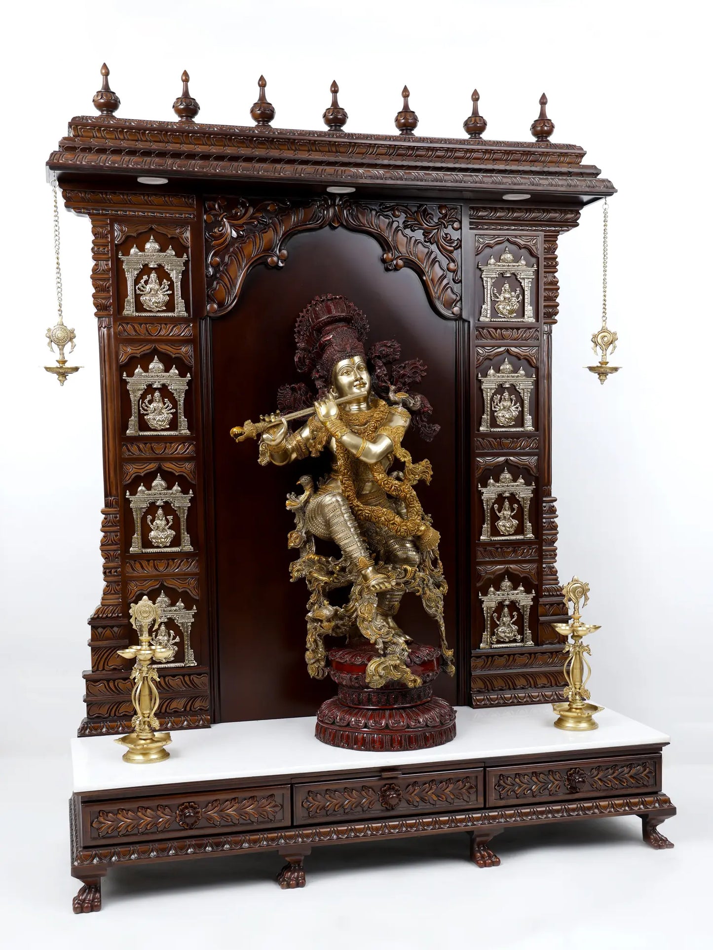 74" Large Designer Temple of Ashtalakshmi with Superfine Fluting Krishna Statue - Full Set | Wood, Brass and Marble Statue and Temple for Home