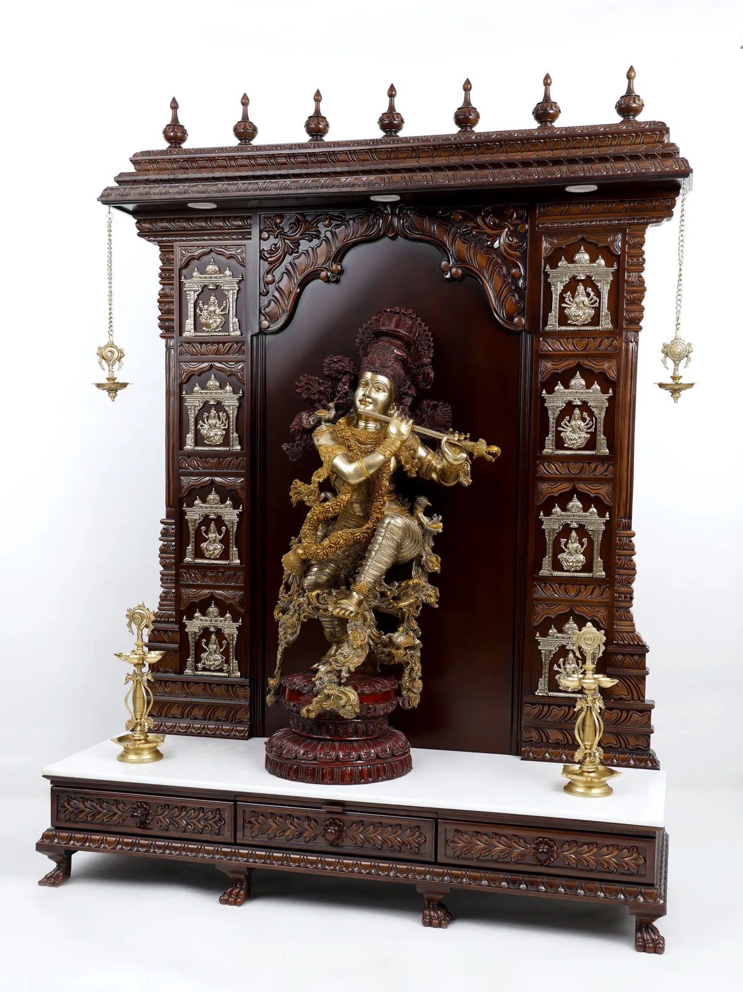 74" Large Designer Temple of Ashtalakshmi with Superfine Fluting Krishna Statue - Full Set | Wood, Brass and Marble Statue and Temple for Home