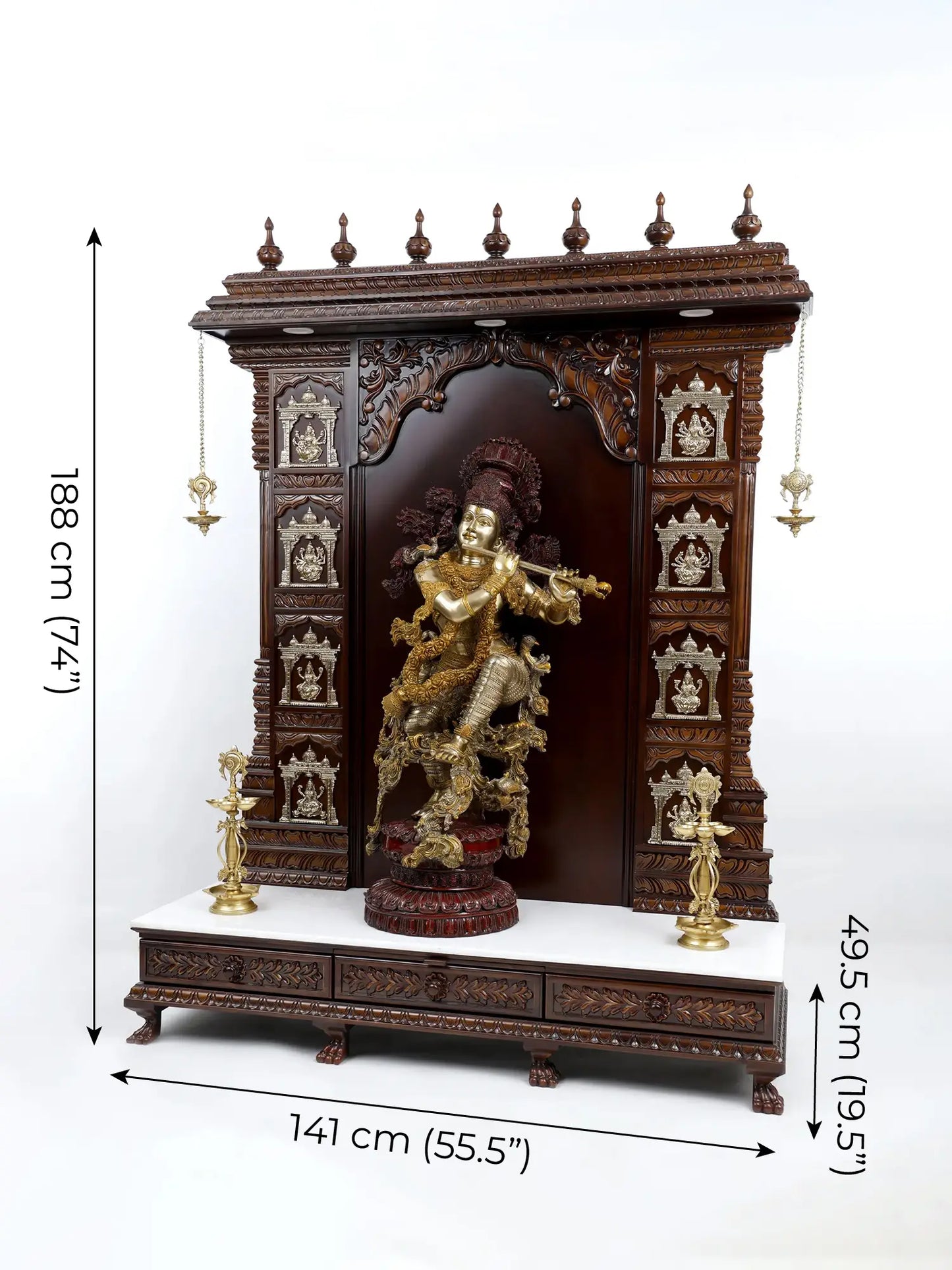 74" Large Designer Temple of Ashtalakshmi with Superfine Fluting Krishna Statue - Full Set | Wood, Brass and Marble Statue and Temple for Home