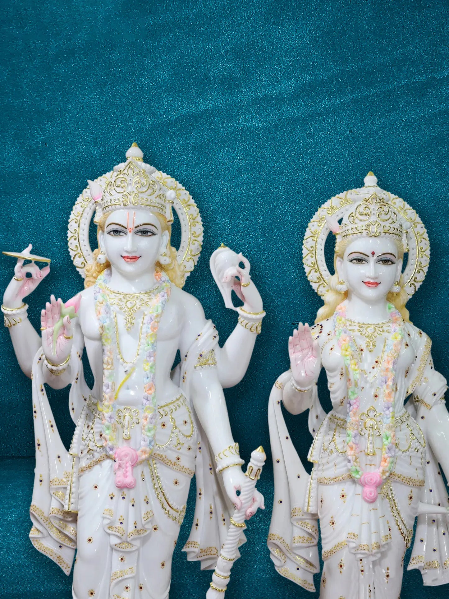 39" Divine Lord Vishnu And Goddess Lakshmi Statue | White Makrana Marble Idol | Sculpture for Temple