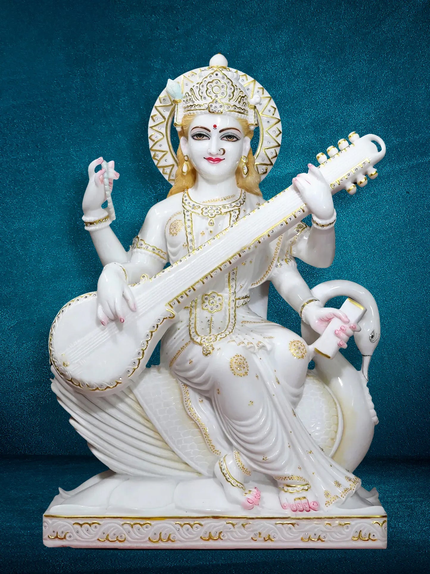 30" Goddess Saraswati Idol Seated On Swan with Four Arms | Super White Vietnam Marble Statue for Temple