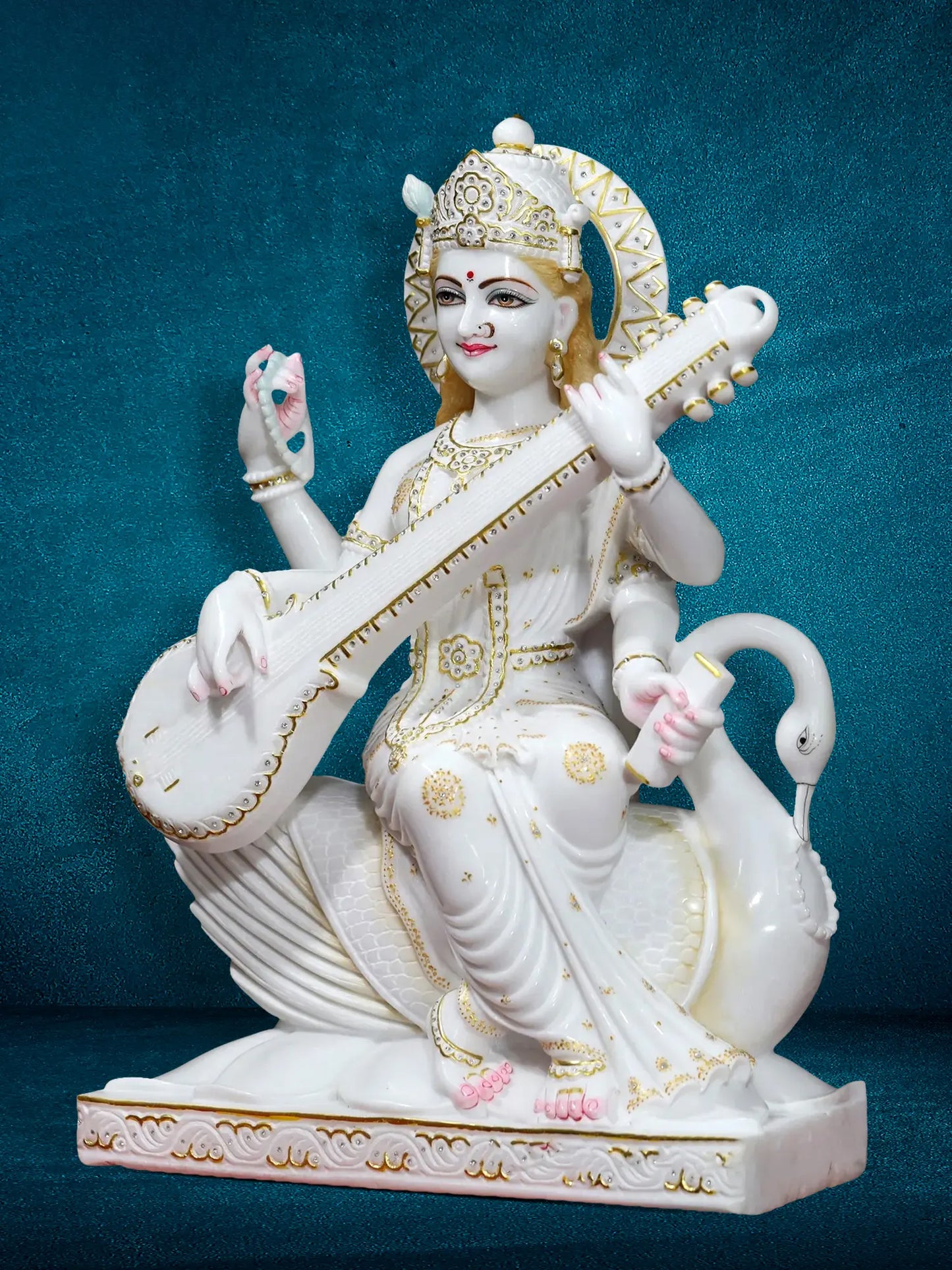 30" Goddess Saraswati Idol Seated On Swan with Four Arms | Super White Vietnam Marble Statue for Temple