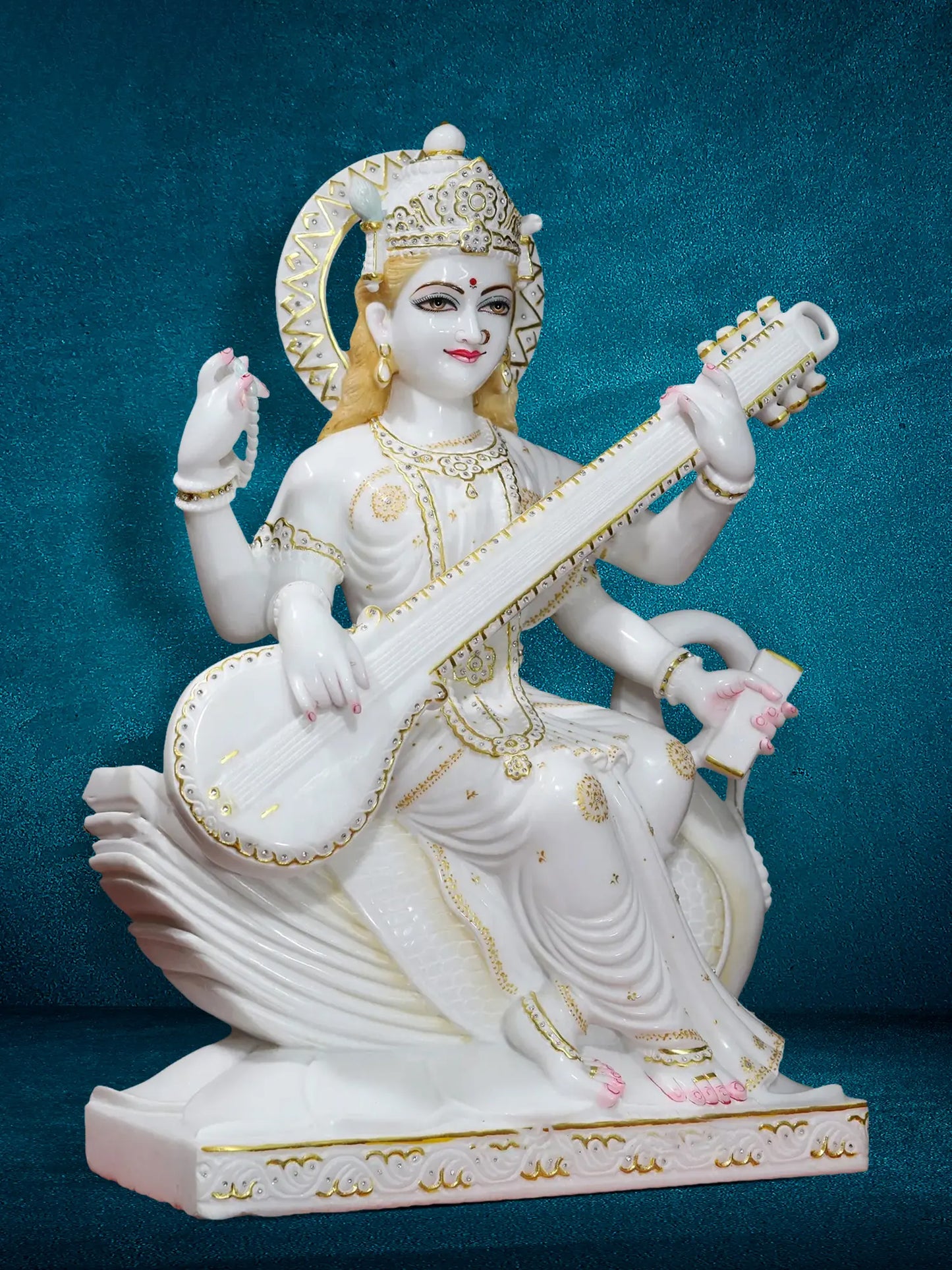30" Goddess Saraswati Idol Seated On Swan with Four Arms | Super White Vietnam Marble Statue for Temple