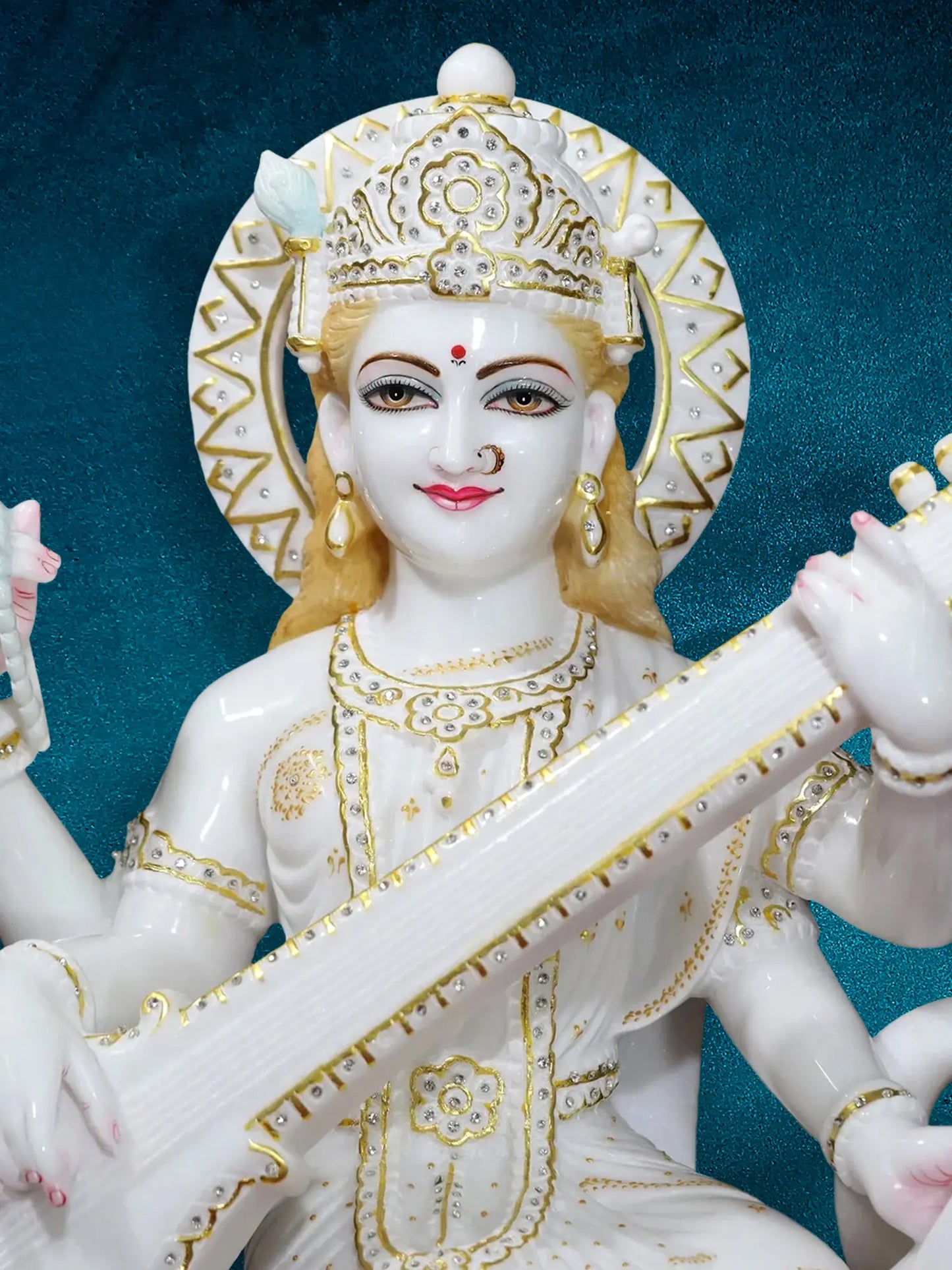 30" Goddess Saraswati Idol Seated On Swan with Four Arms | Super White Vietnam Marble Statue for Temple