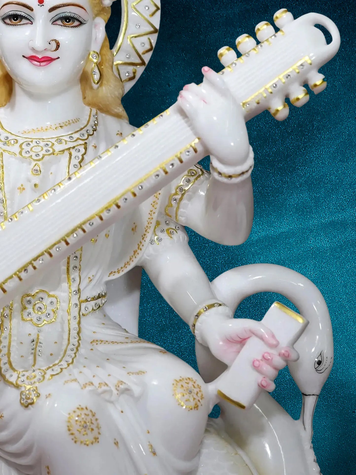 30" Goddess Saraswati Idol Seated On Swan with Four Arms | Super White Vietnam Marble Statue for Temple