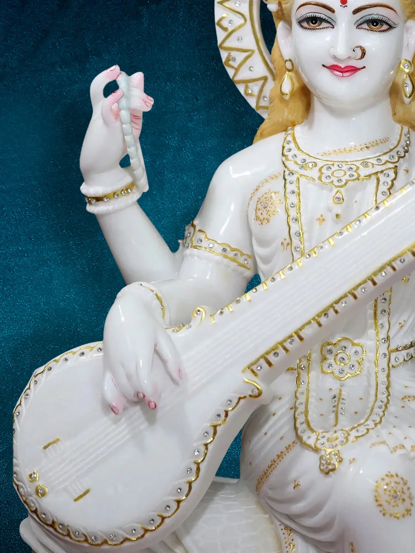 30" Goddess Saraswati Idol Seated On Swan with Four Arms | Super White Vietnam Marble Statue for Temple