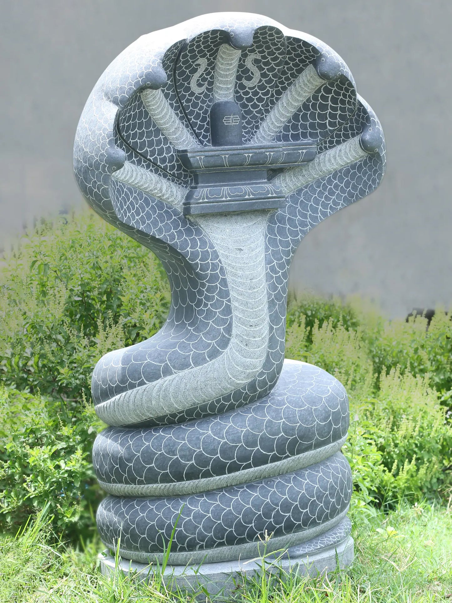 58" Large Statue of Sheshnag with Shiva Linga | Black Granite Stone Sculpture for Temple