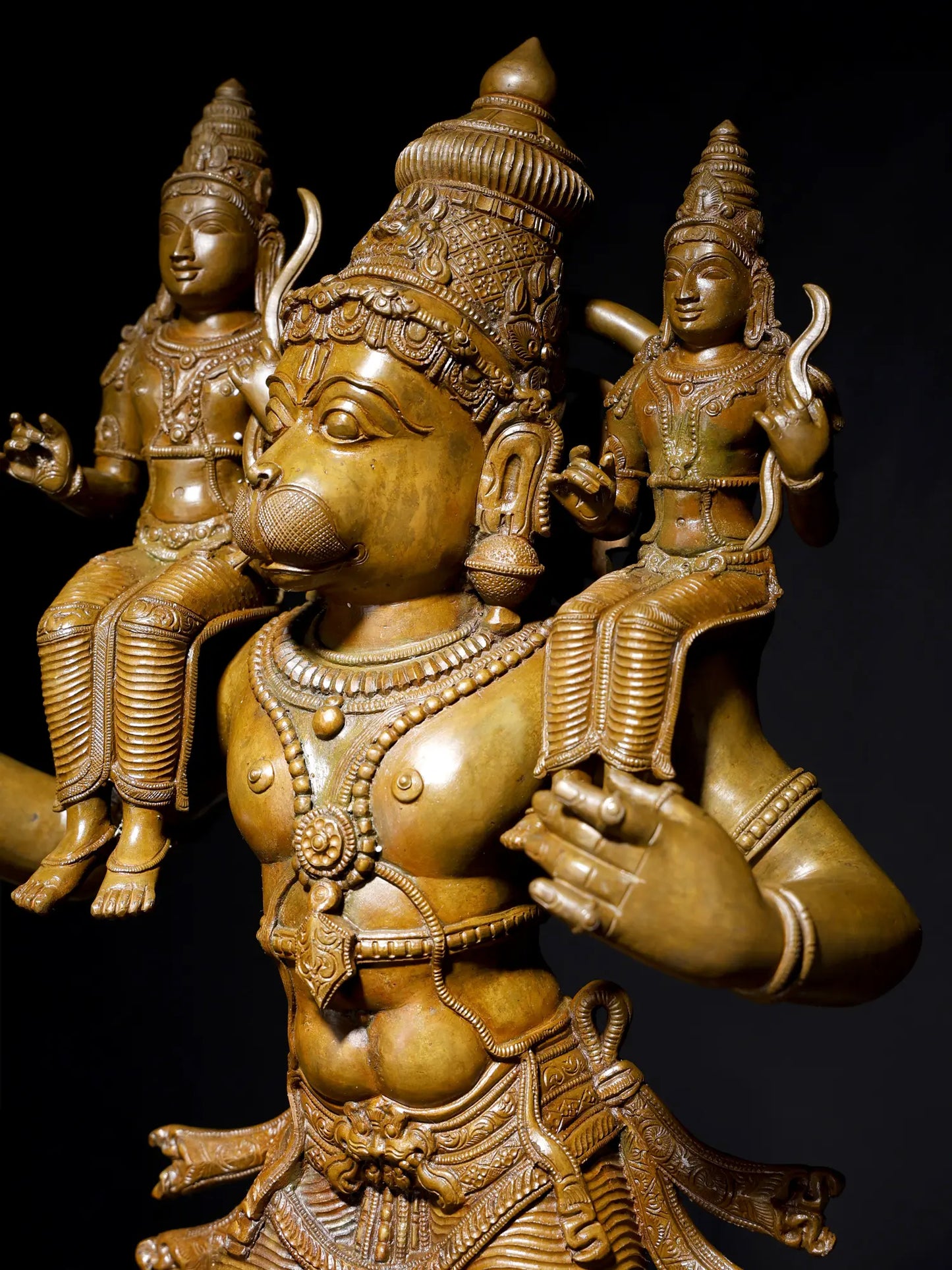 24" Lord Hanuman Carrying Shri Ram and Lakshman on his Shoulders | Panchaloha Bronze Statue