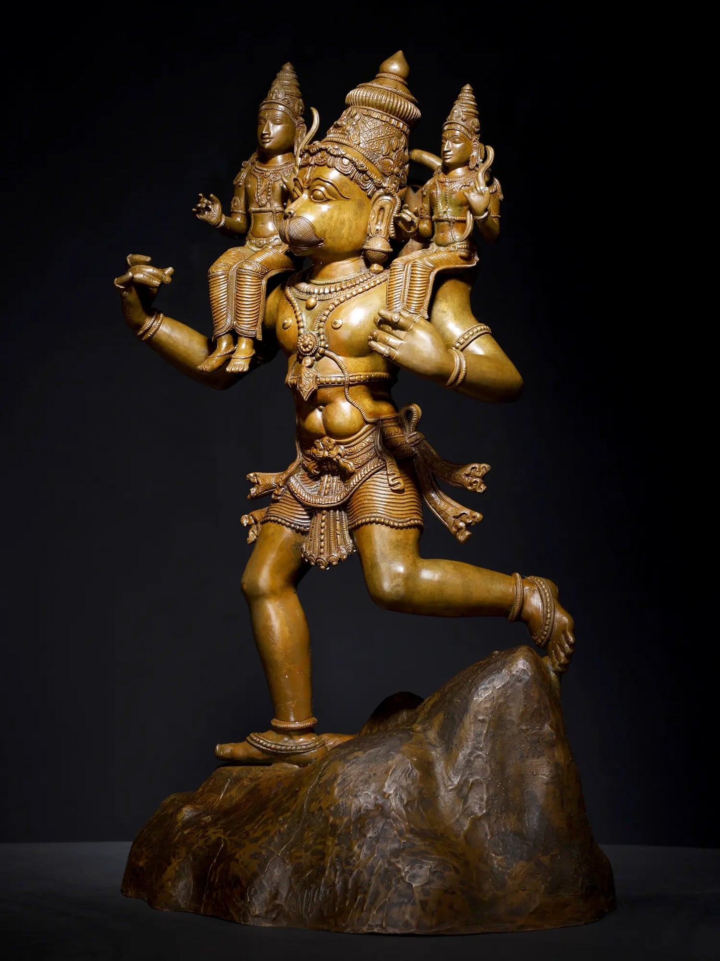 24" Lord Hanuman Carrying Shri Ram and Lakshman on his Shoulders | Panchaloha Bronze Statue