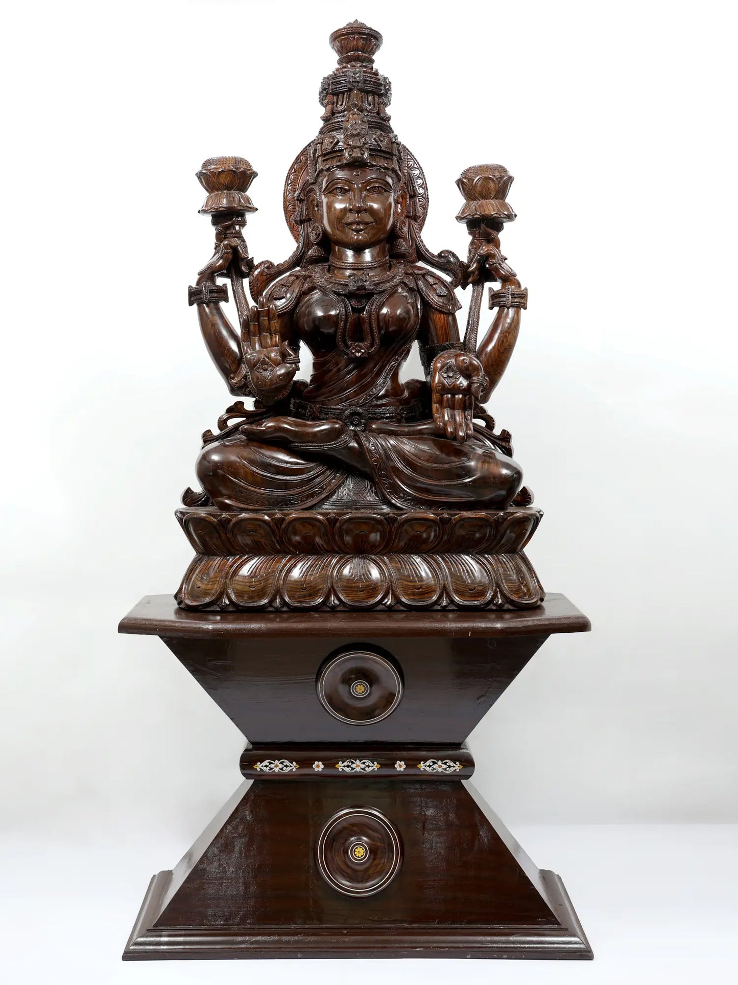 81" Goddess Lakshmi Seated on Lotus Pedestal | Hand Carved Wood Sculpture | Wood Idol for Temple