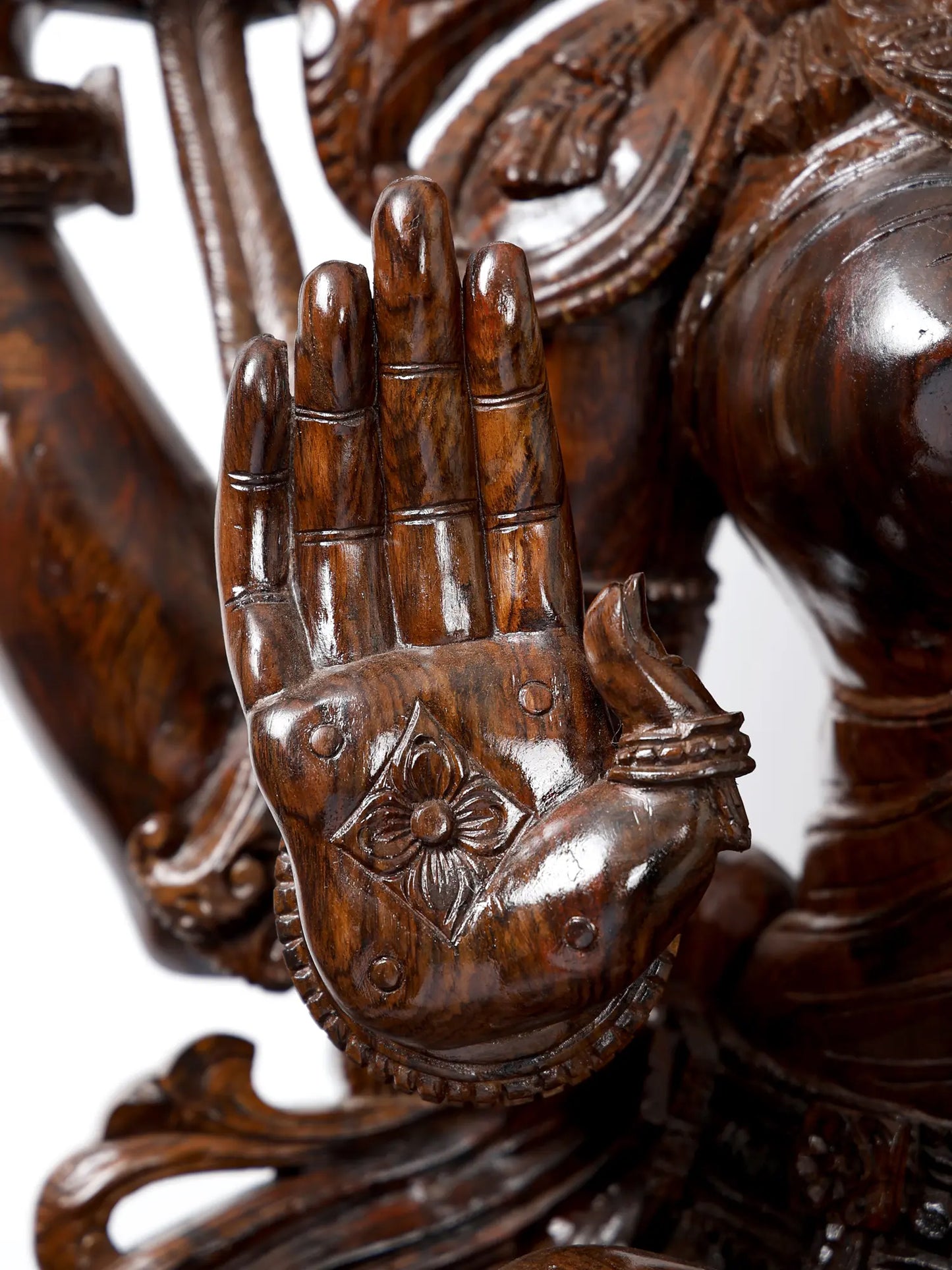 81" Goddess Lakshmi Seated on Lotus Pedestal | Hand Carved Wood Sculpture | Wood Idol for Temple