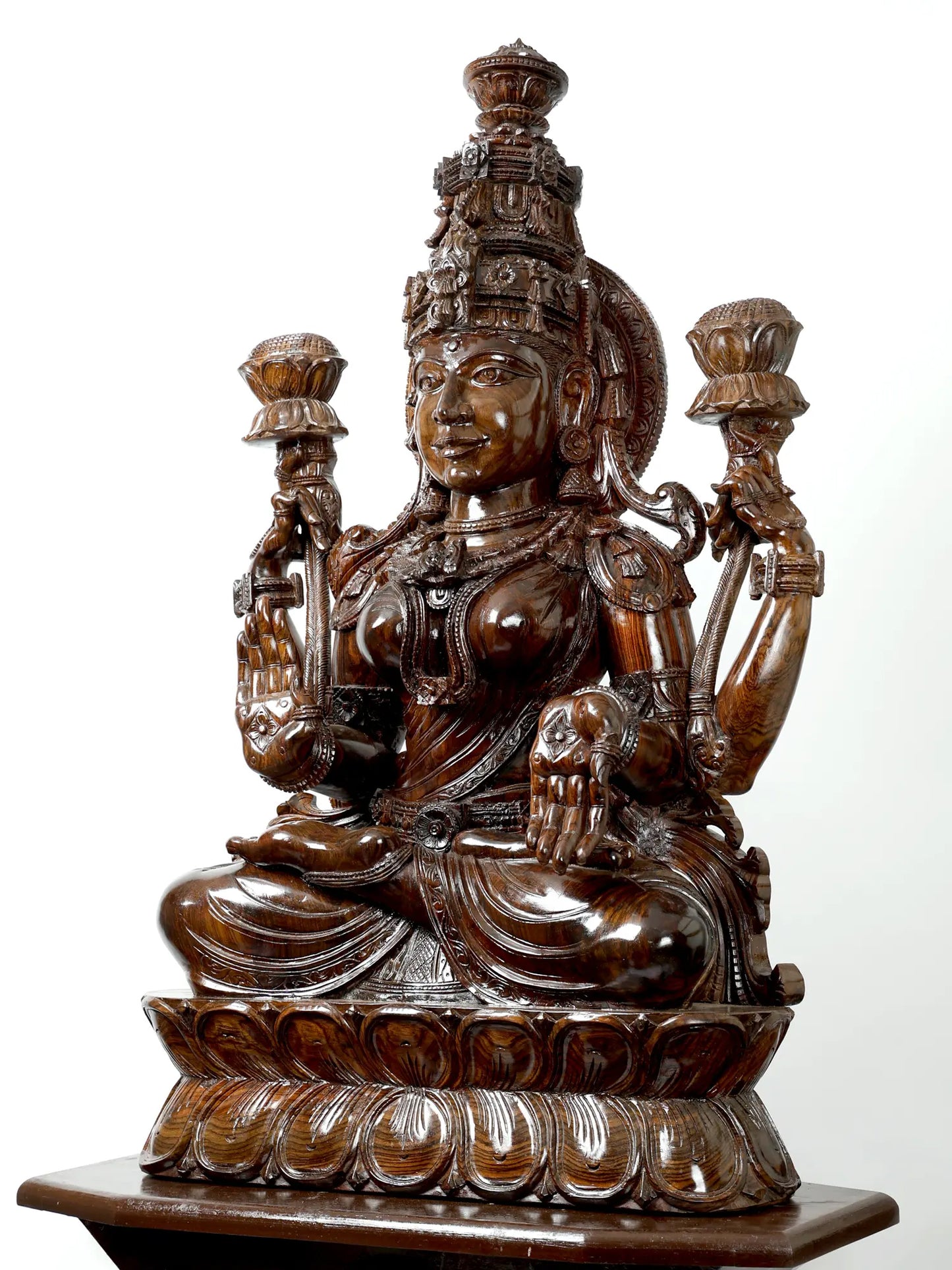 81" Goddess Lakshmi Seated on Lotus Pedestal | Hand Carved Wood Sculpture | Wood Idol for Temple
