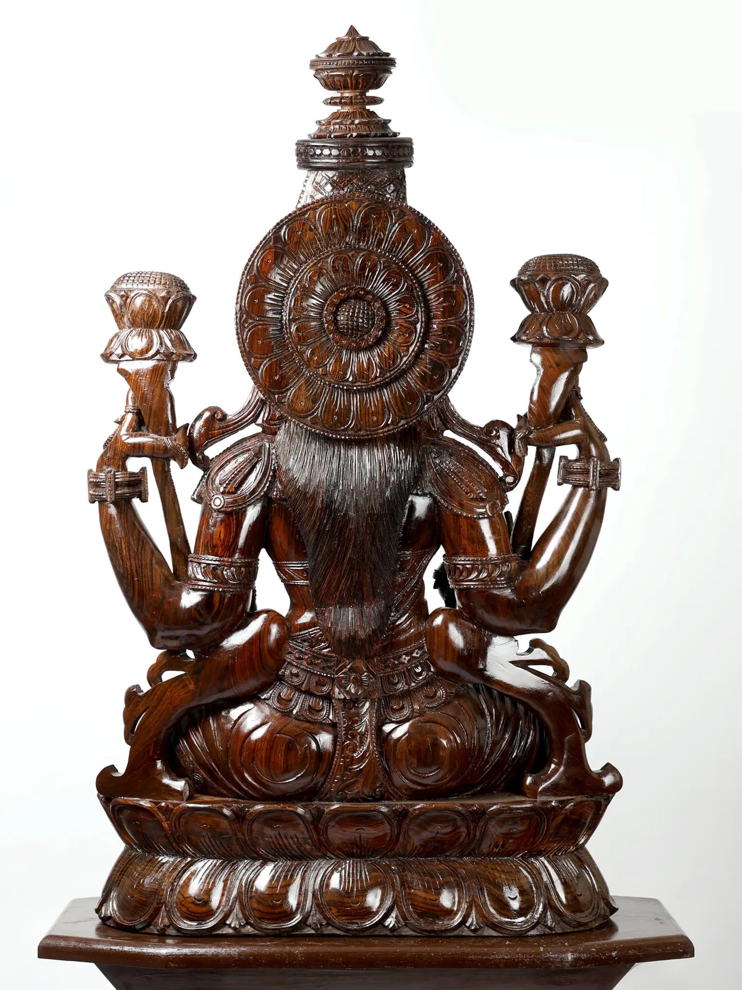 81" Goddess Lakshmi Seated on Lotus Pedestal | Hand Carved Wood Sculpture | Wood Idol for Temple