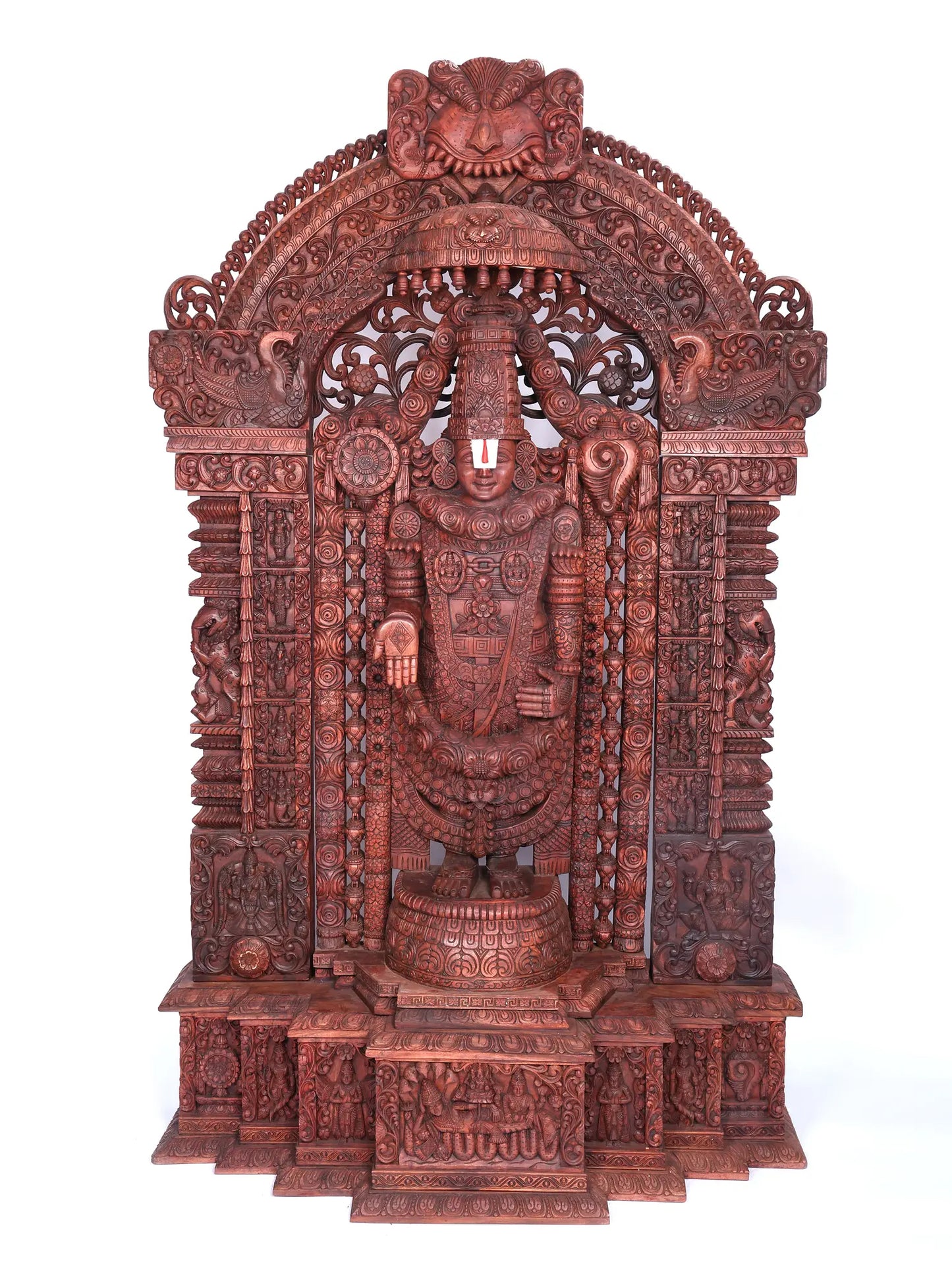 98" Super Large Wood Statue of Tirupati Balaji (Venkateshvara) with Kirtimukha | Wood Carved Figurine for Temple