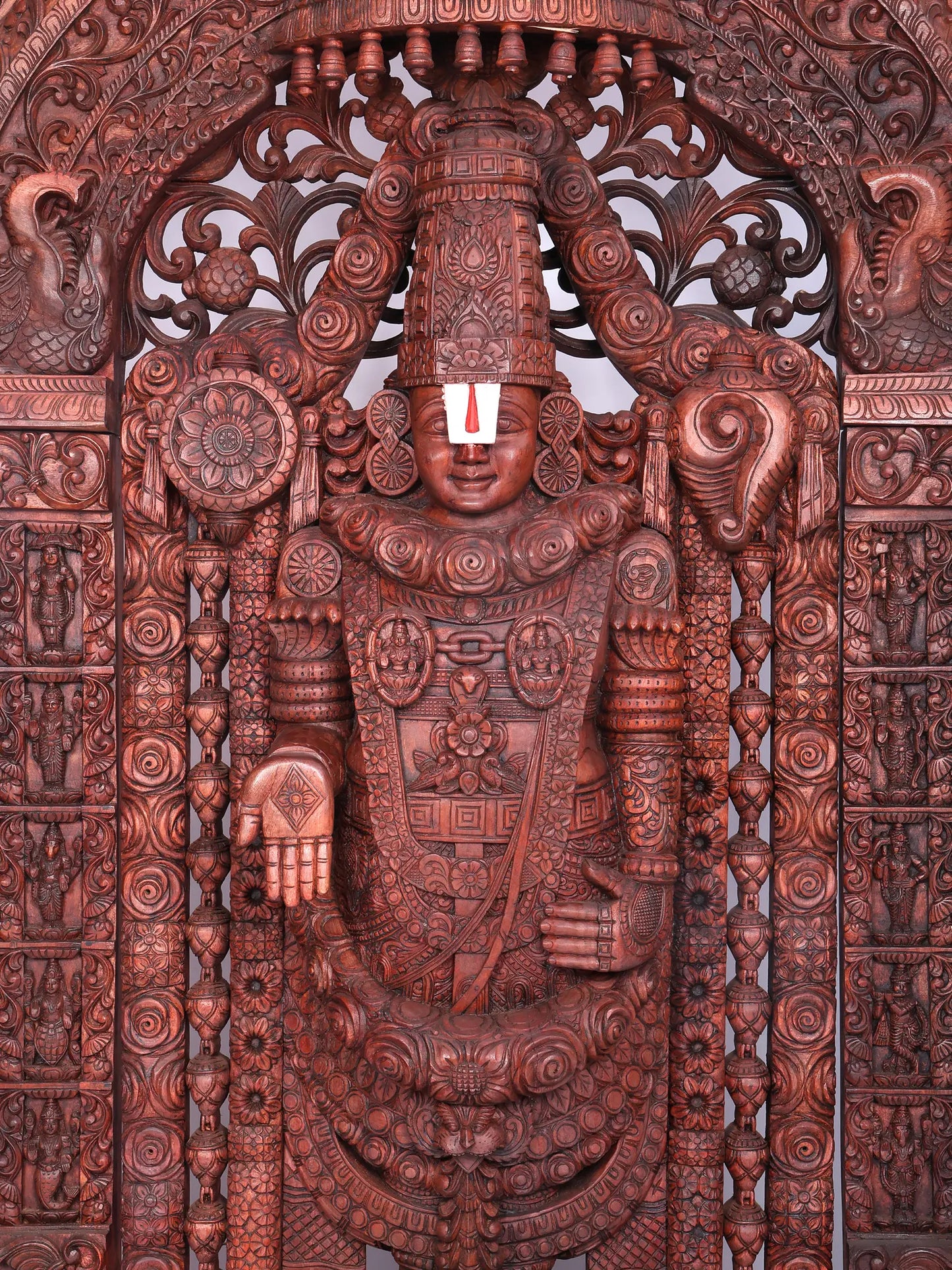 98" Super Large Wood Statue of Tirupati Balaji (Venkateshvara) with Kirtimukha | Wood Carved Figurine for Temple