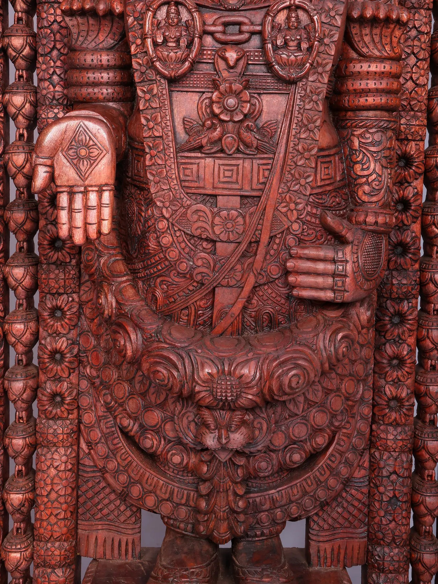 98" Super Large Wood Statue of Tirupati Balaji (Venkateshvara) with Kirtimukha | Wood Carved Figurine for Temple