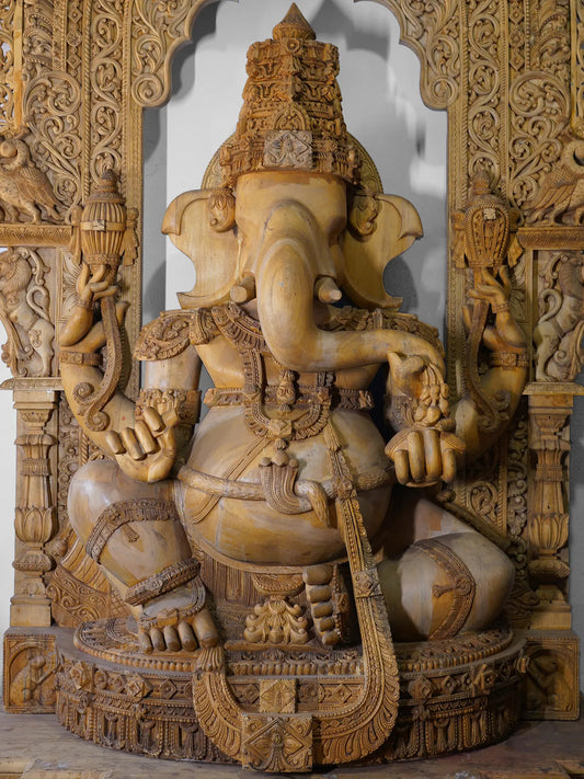 126" Four armed Lord Ganesha Seated with Kirtimukha Throne | Wood Carved Statue | Shipped by Sea