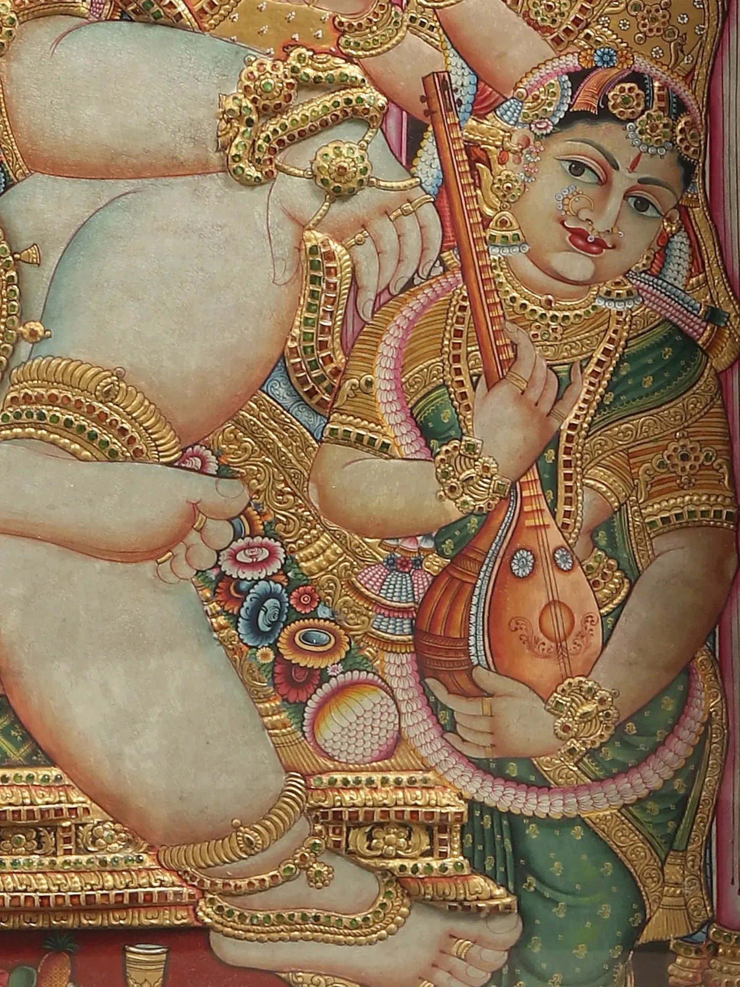 Darbar of lord Krishna | Superfine Embossed Tanjore Painting | With Vintage Teakwood Frame