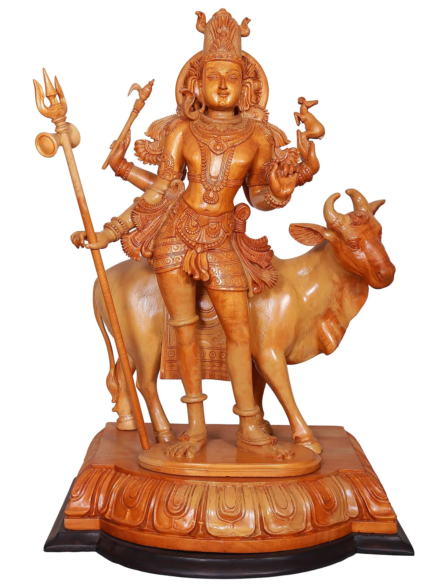 27" Lord Shiva as Lord Pashupatinath with Nandi | Wood Carved Statue | Spiritual Wood Sculpture