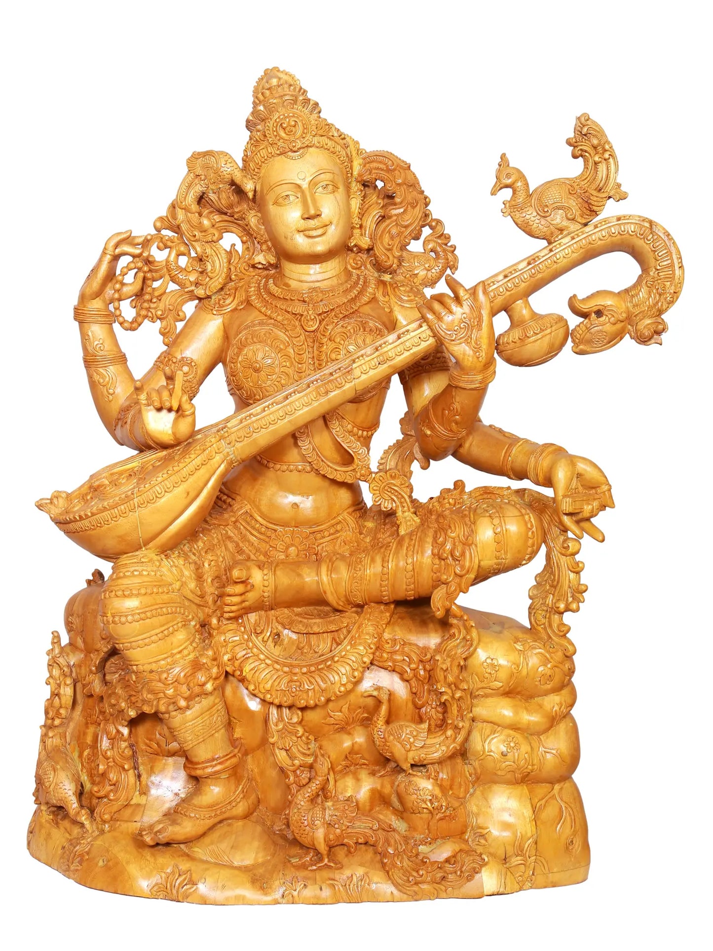 37" Large Idol of Sitting Goddess Saraswati Playing Veena | Wood Carved Sculpture for Temple