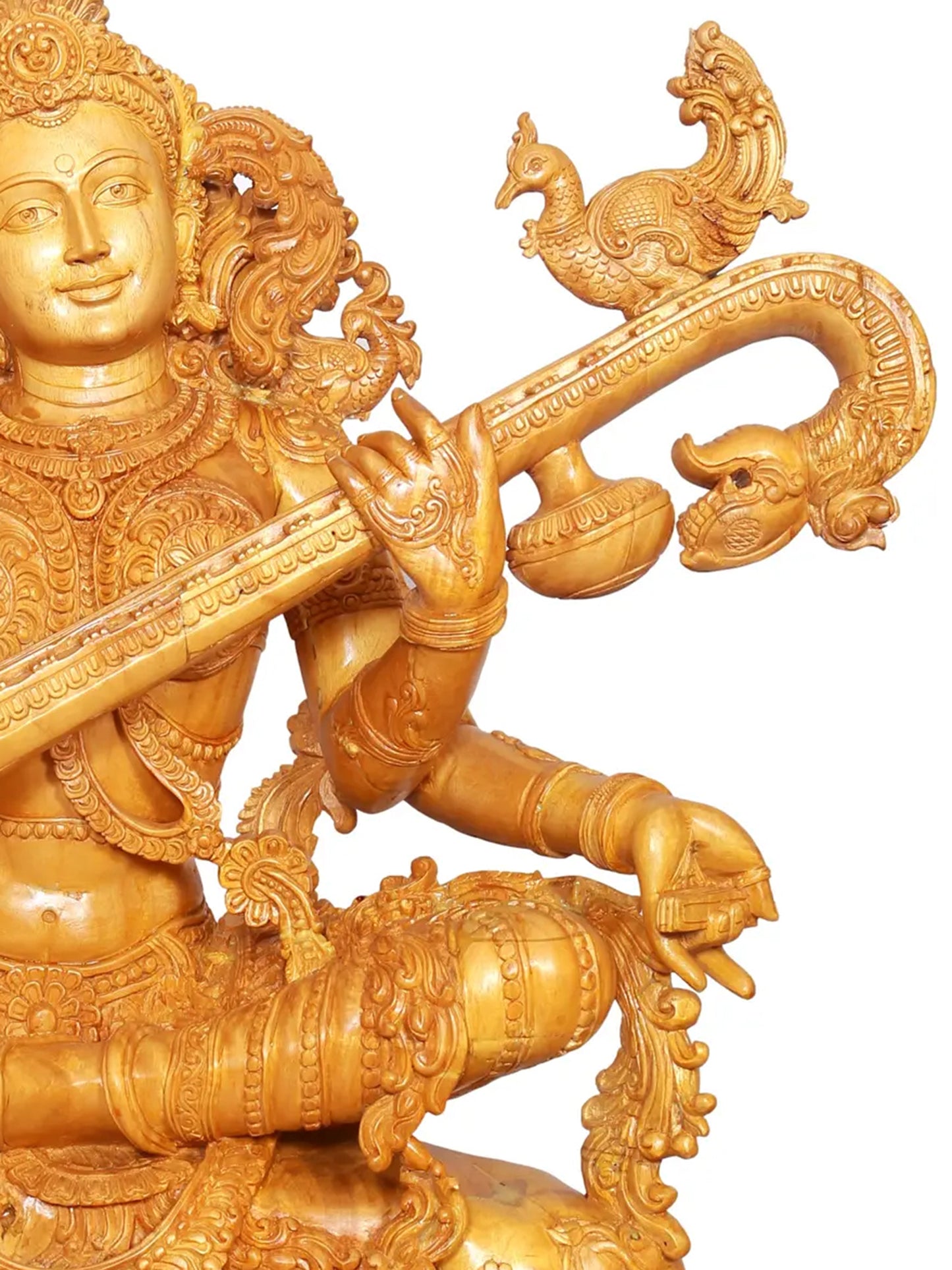 37" Large Idol of Sitting Goddess Saraswati Playing Veena | Wood Carved Sculpture for Temple