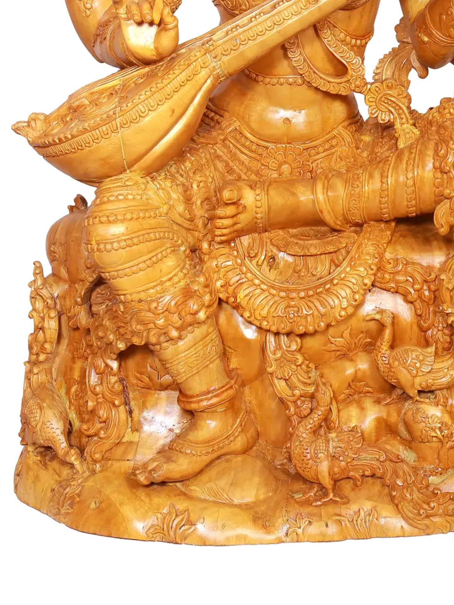 37" Large Idol of Sitting Goddess Saraswati Playing Veena | Wood Carved Sculpture for Temple