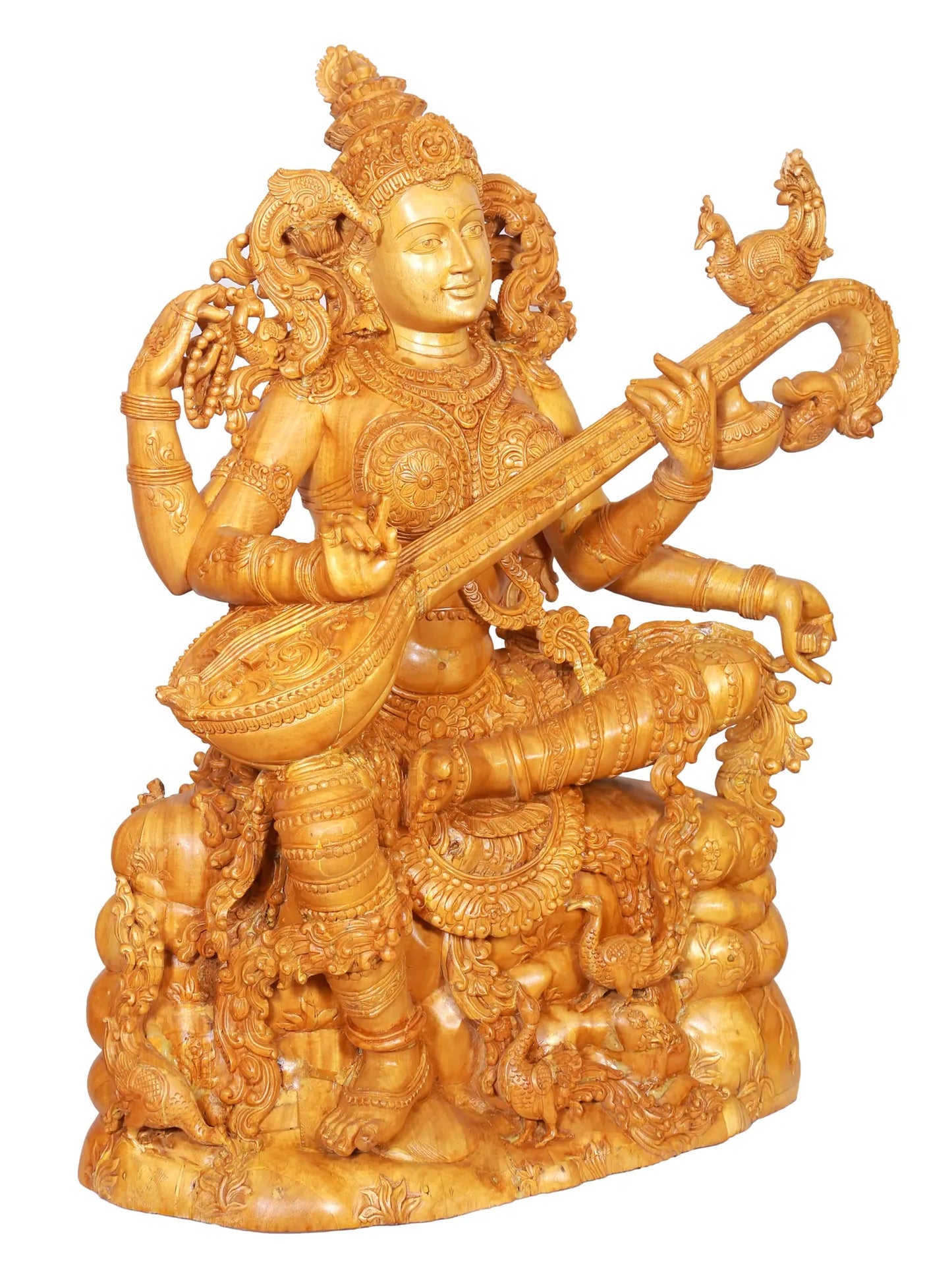 37" Large Idol of Sitting Goddess Saraswati Playing Veena | Wood Carved Sculpture for Temple