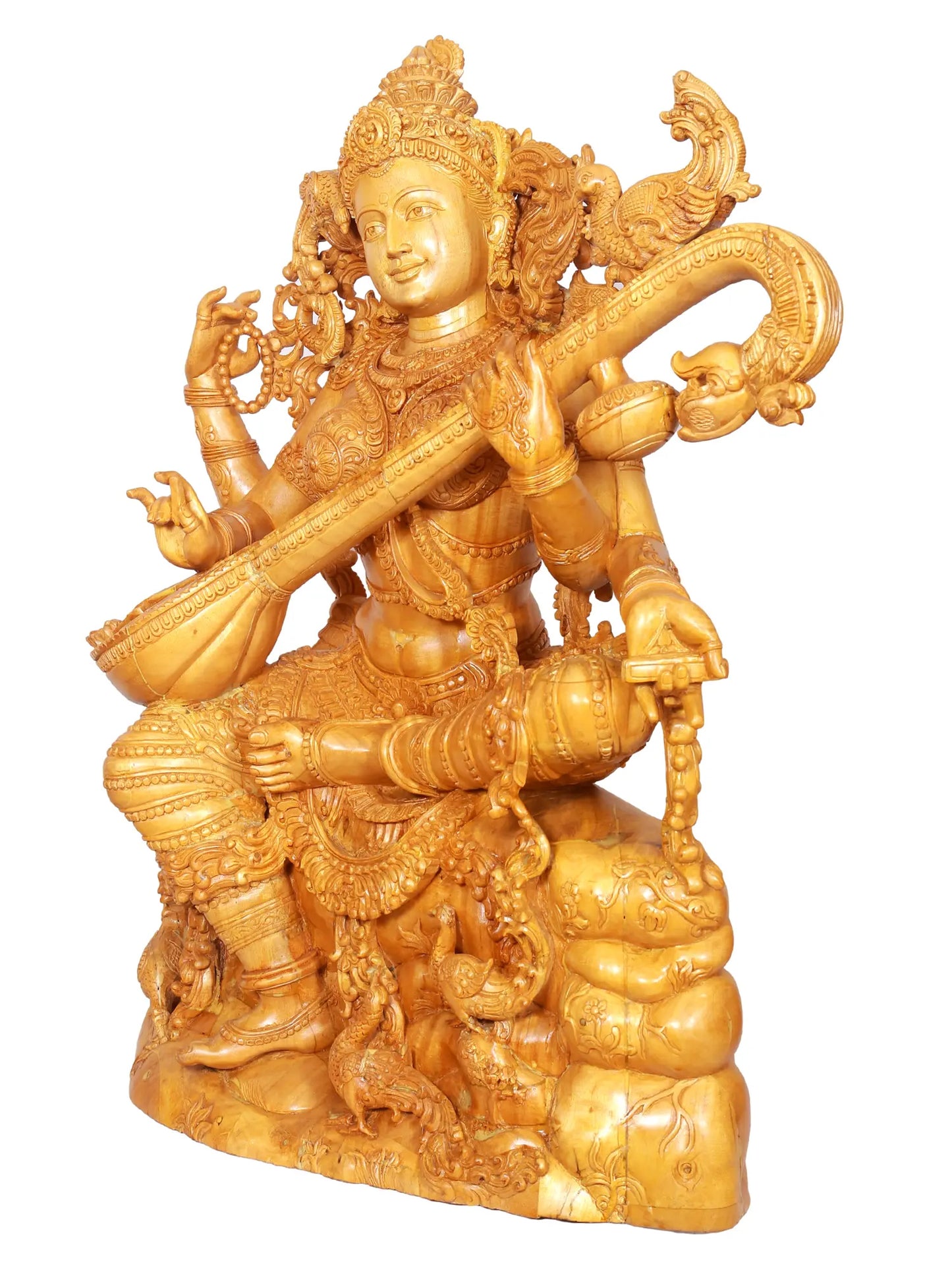 37" Large Idol of Sitting Goddess Saraswati Playing Veena | Wood Carved Sculpture for Temple
