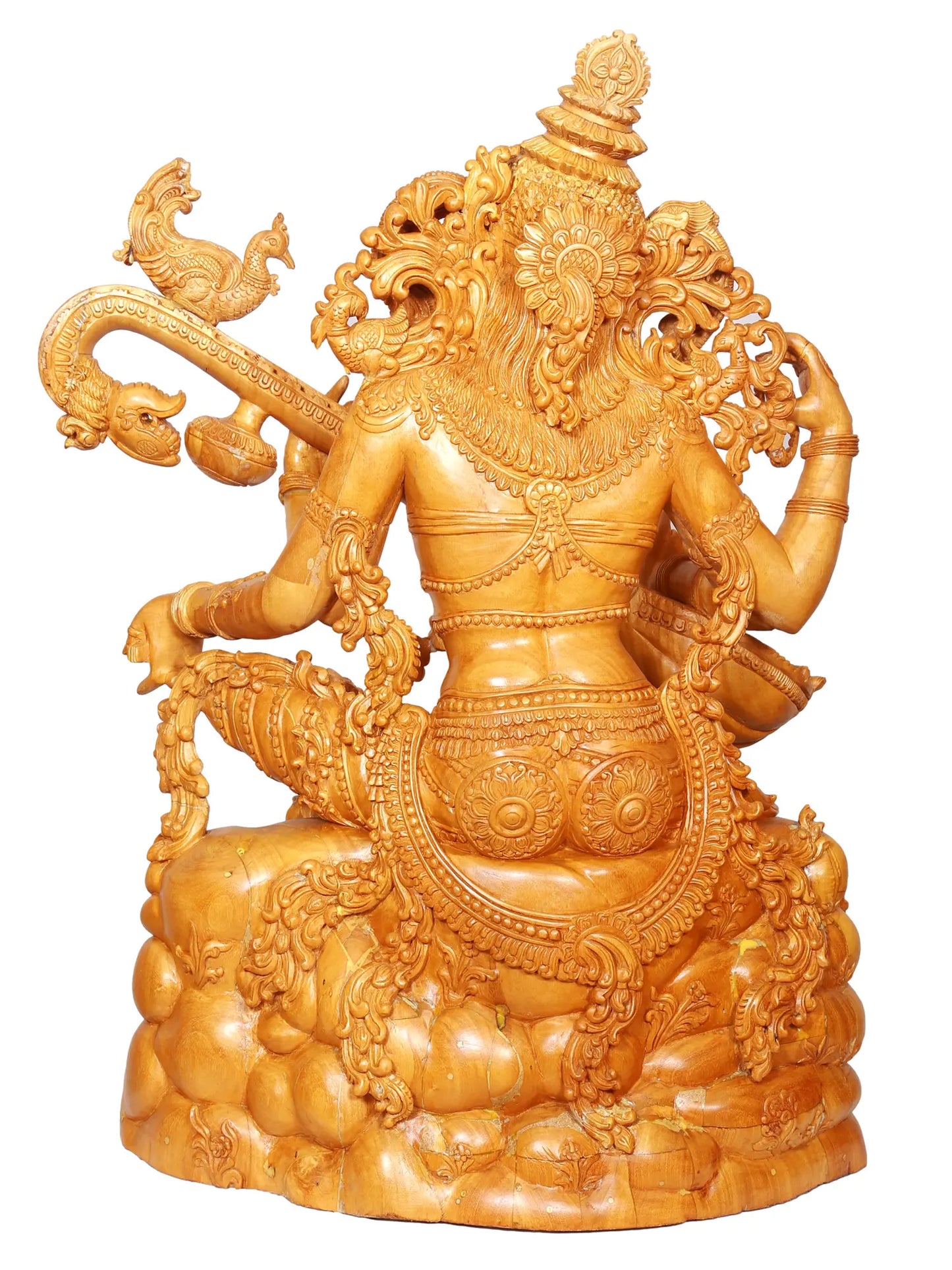 37" Large Idol of Sitting Goddess Saraswati Playing Veena | Wood Carved Sculpture for Temple