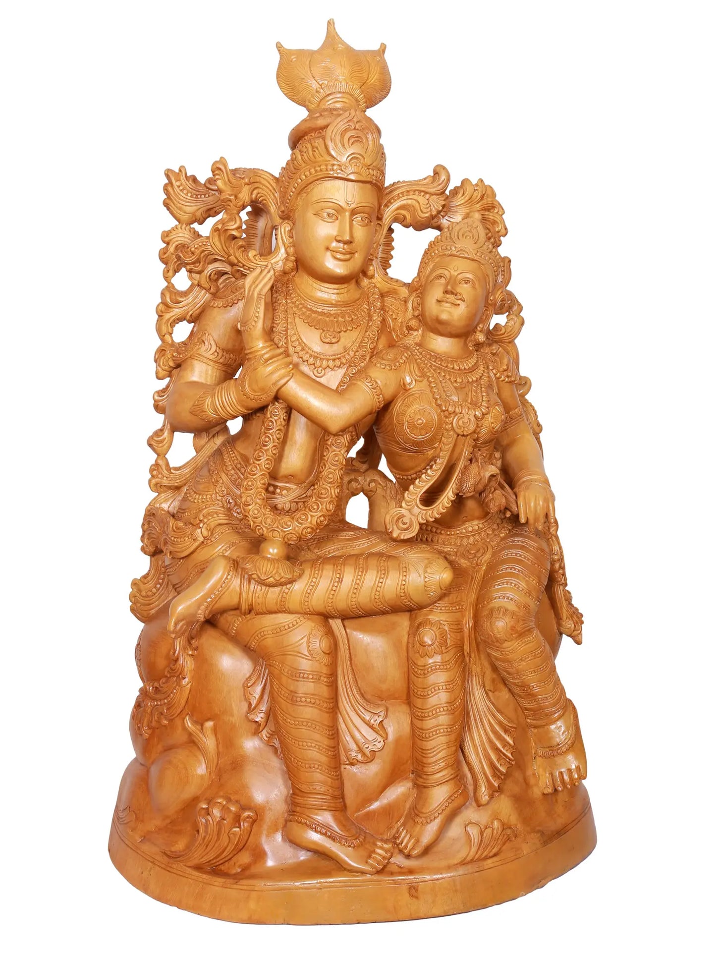 39" Large Wood Sculpture of Radha and Krishna | Wood Carving Figurine for Temple