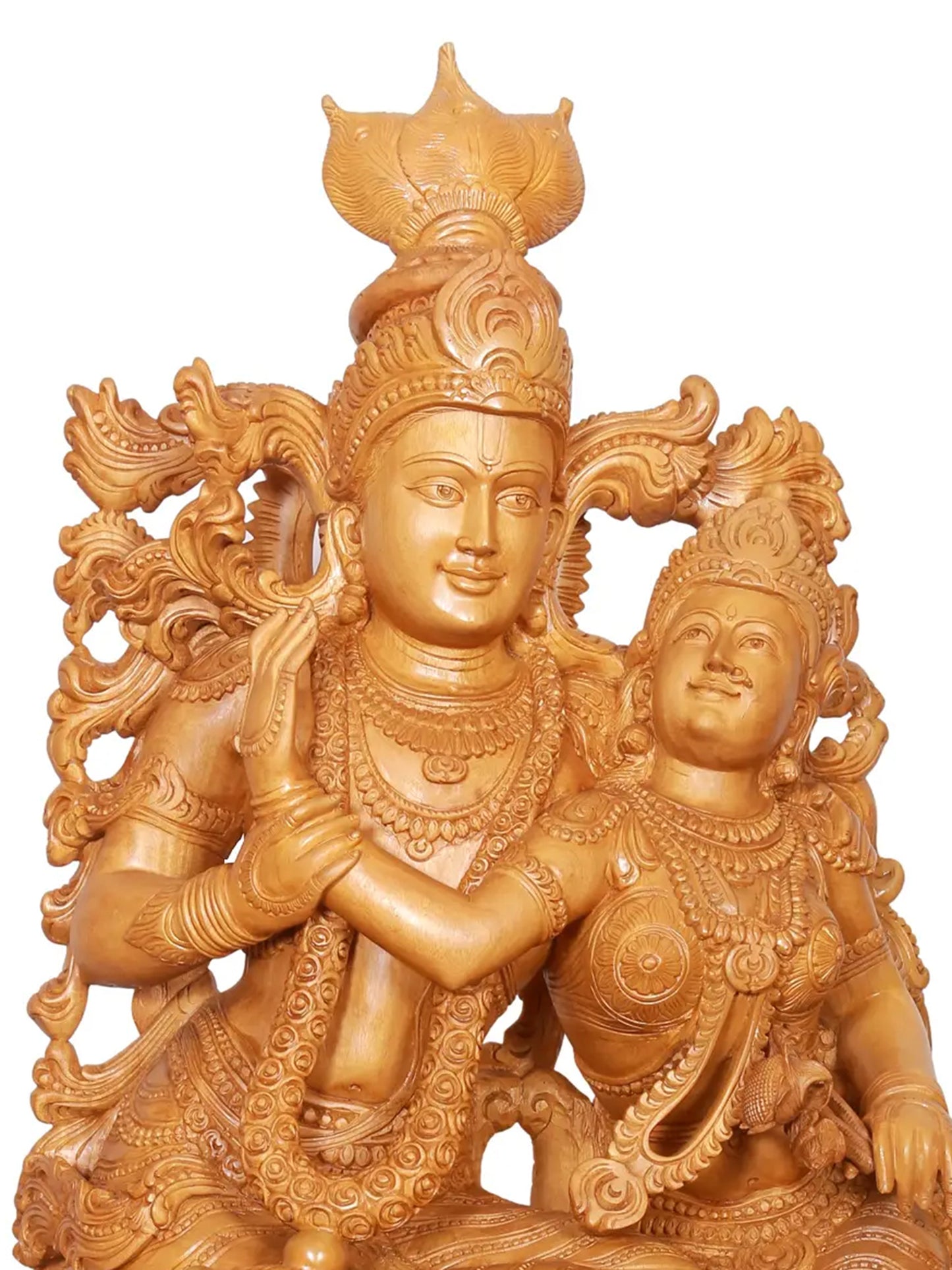 39" Large Wood Sculpture of Radha and Krishna | Wood Carving Figurine for Temple