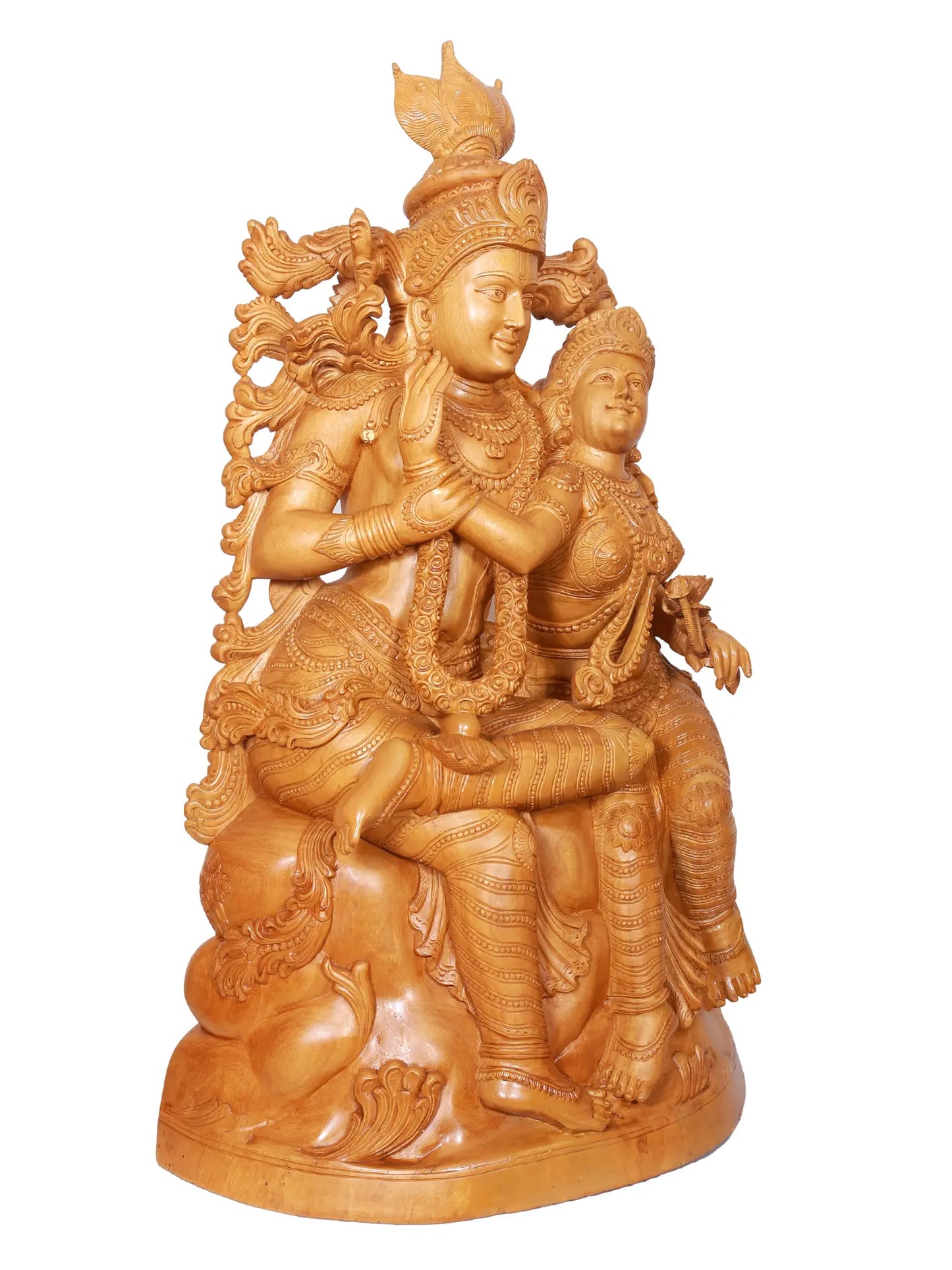 39" Large Wood Sculpture of Radha and Krishna | Wood Carving Figurine for Temple