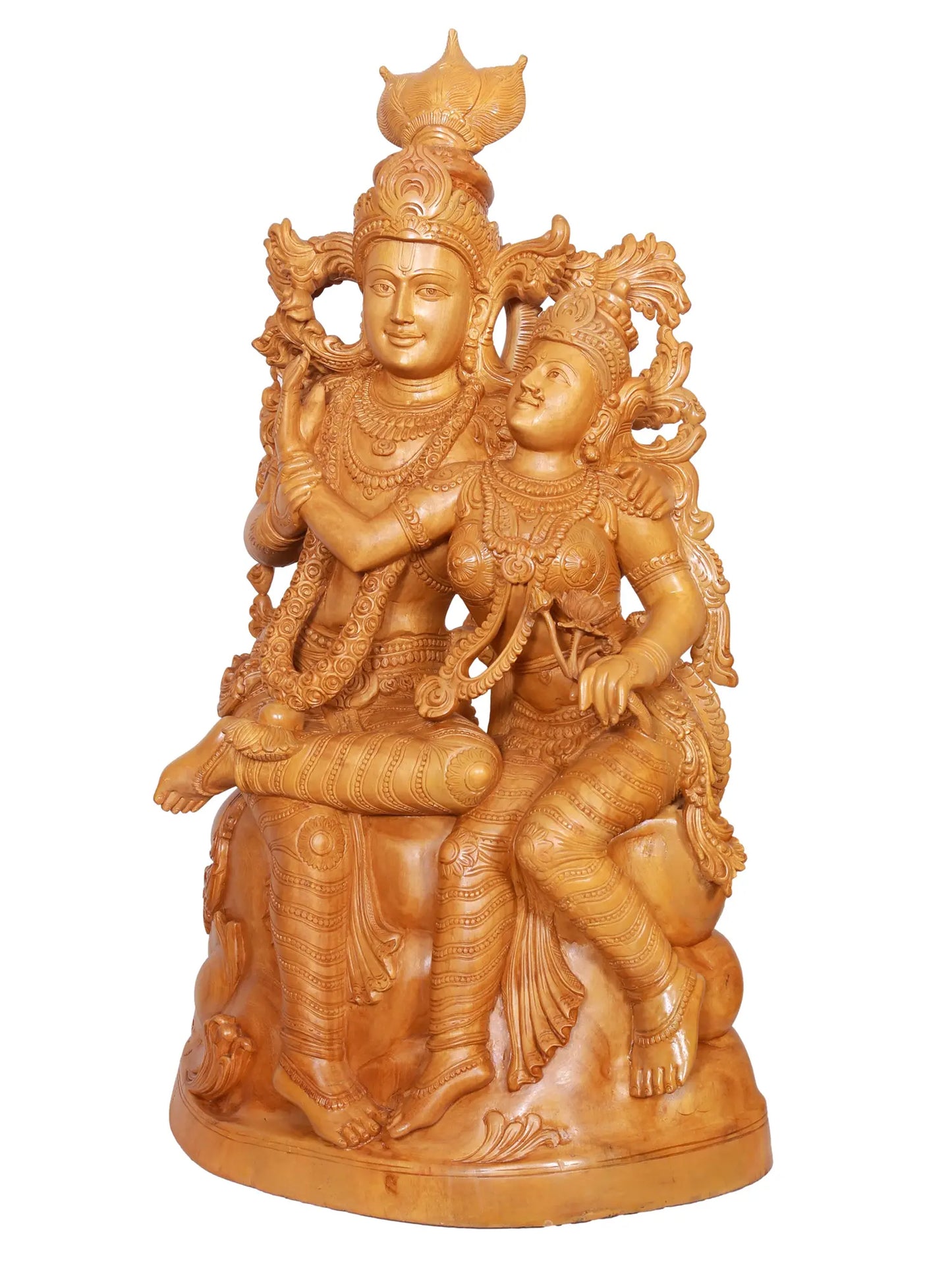 39" Large Wood Sculpture of Radha and Krishna | Wood Carving Figurine for Temple