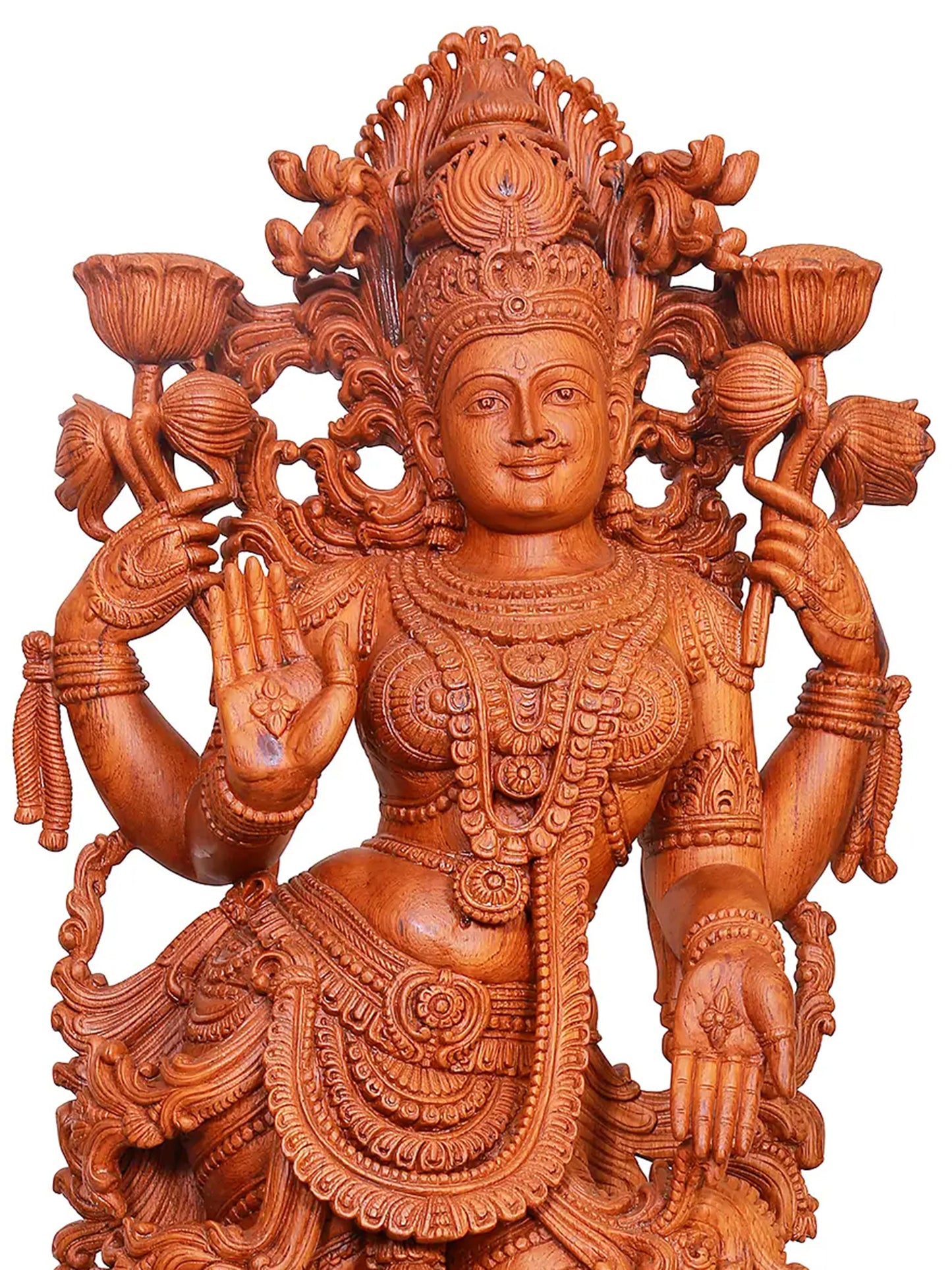 39" Large Sculpture of Standing Gesture Devi Lakshmi in Teakwood | Wood Carving Statue for Temple