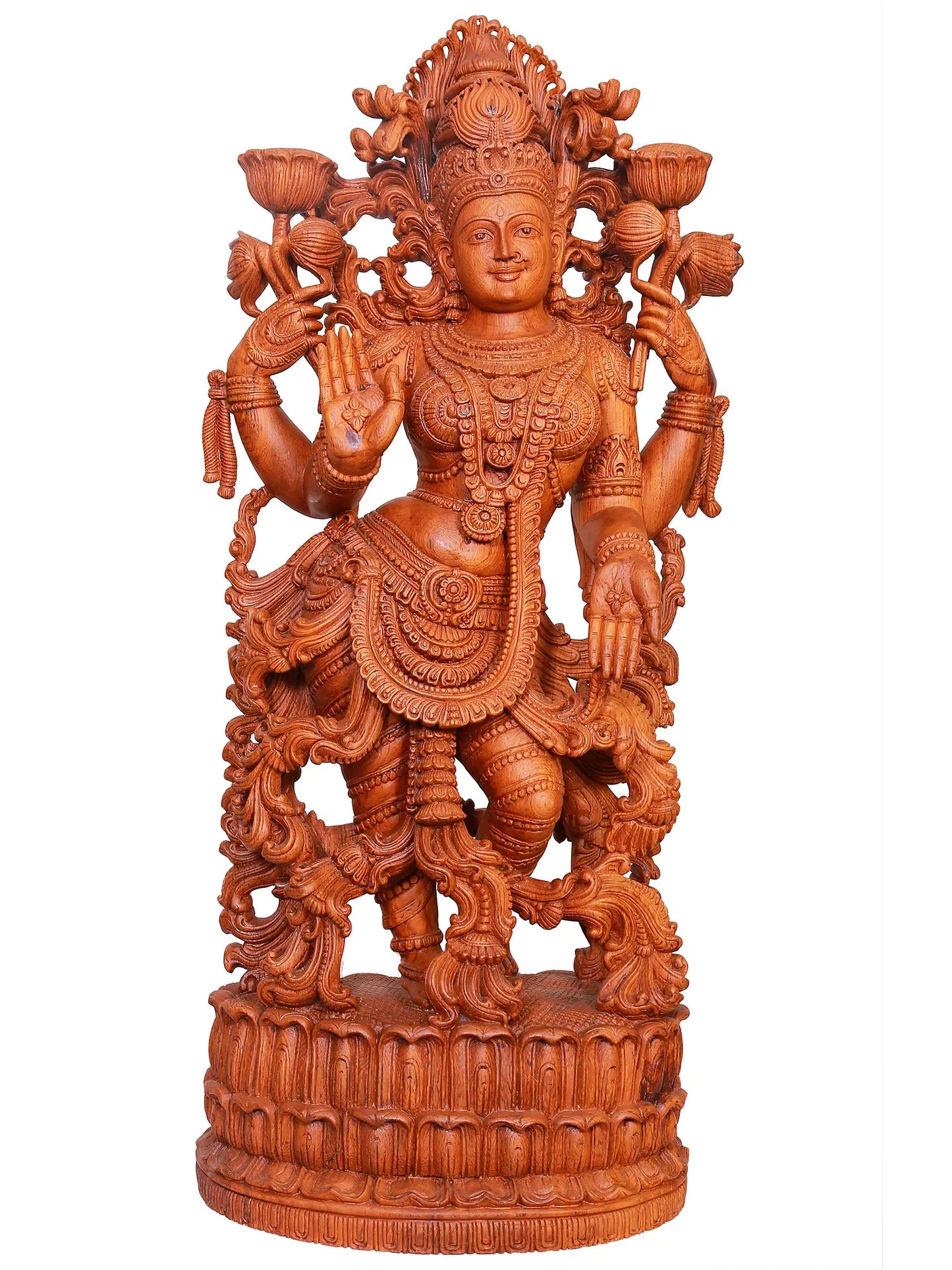 39" Large Sculpture of Standing Gesture Devi Lakshmi in Teakwood | Wood Carving Statue for Temple