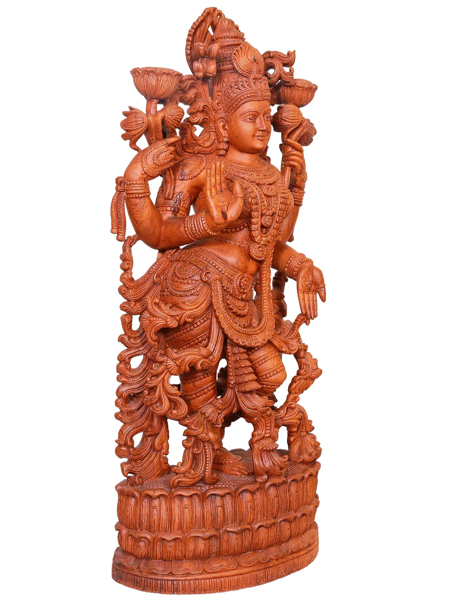 39" Large Sculpture of Standing Gesture Devi Lakshmi in Teakwood | Wood Carving Statue for Temple