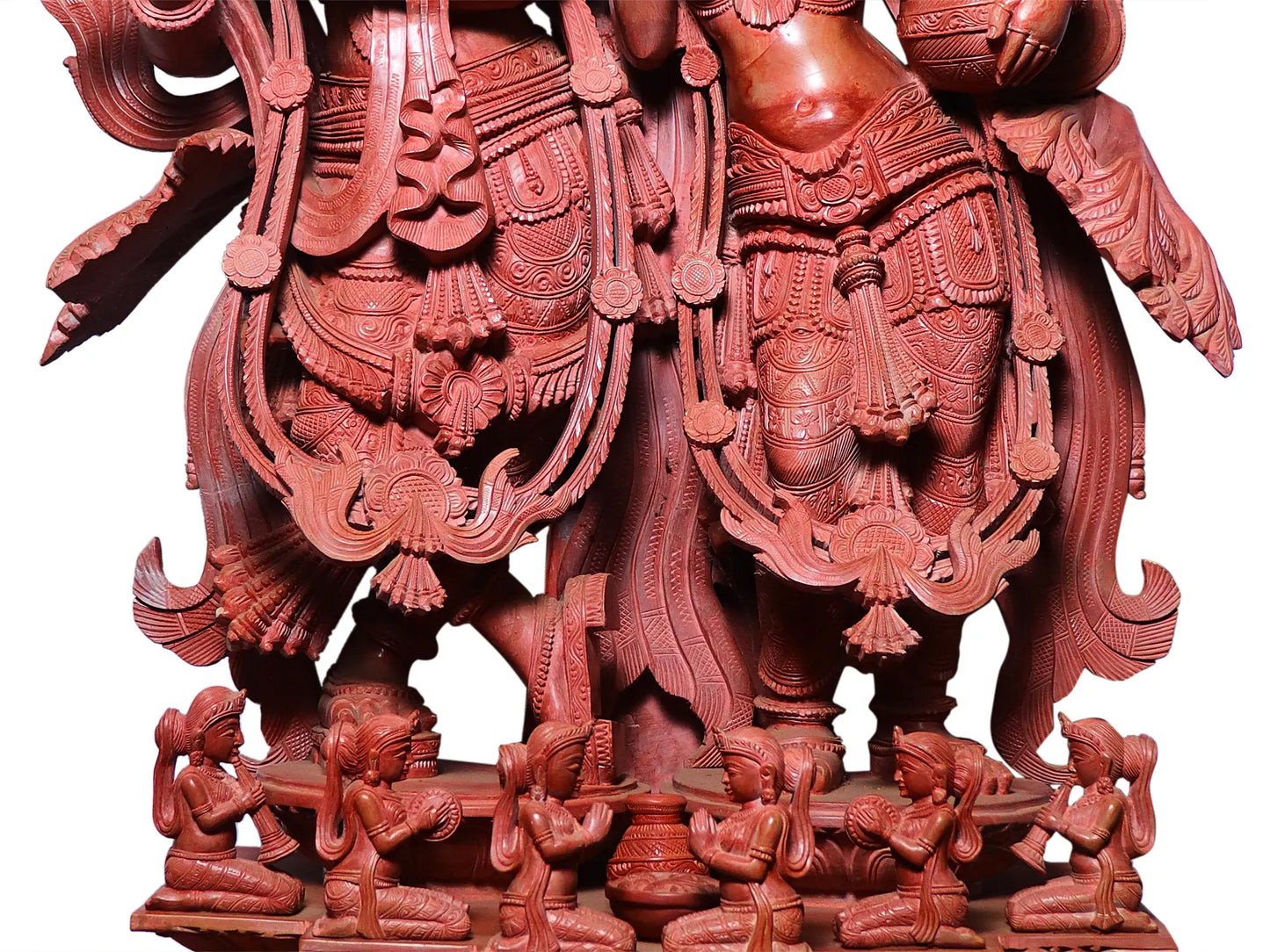 51" Radha and Krishna Statue with Attractive Carving | Red Stone Sculpture for Temple