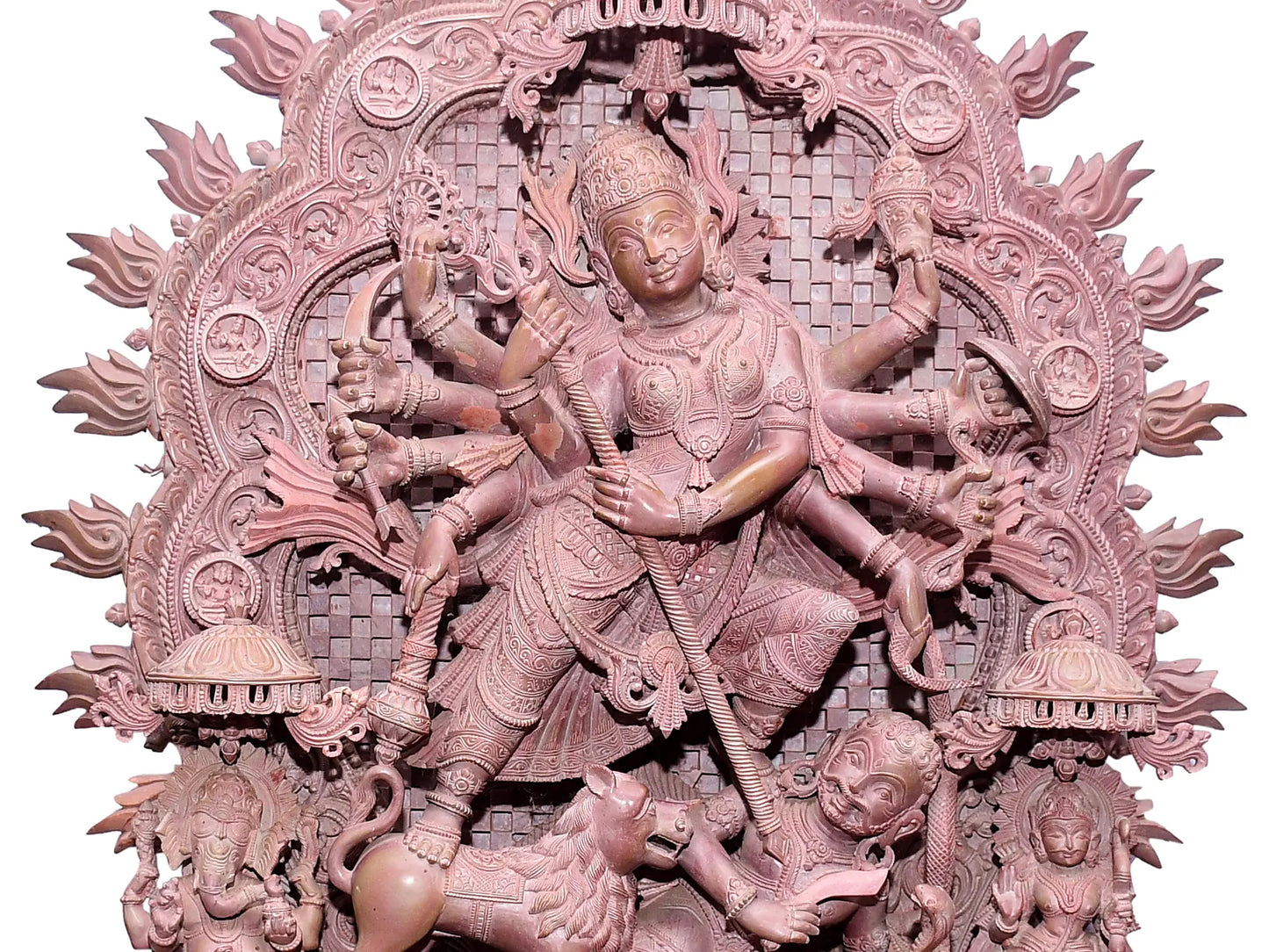 37" Superfine Ornamented Goddess Durga Idol Killing Mahishasura | Pink Stone Statue | Handmade Sculpture for Temple