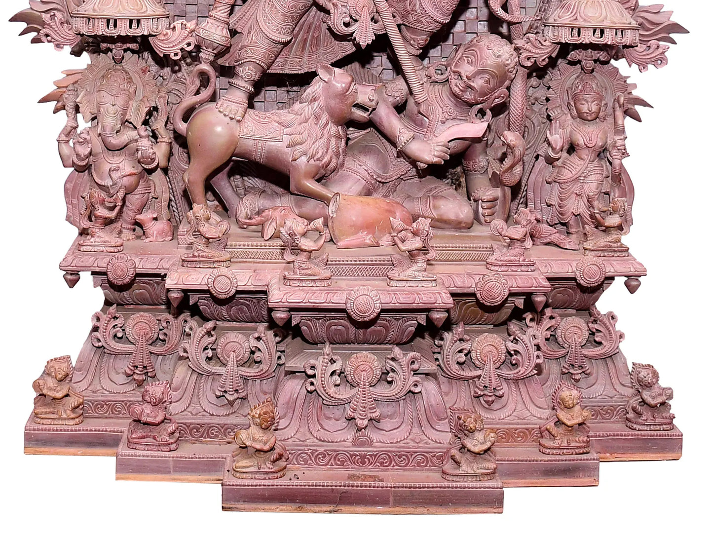 37" Superfine Ornamented Goddess Durga Idol Killing Mahishasura | Pink Stone Statue | Handmade Sculpture for Temple