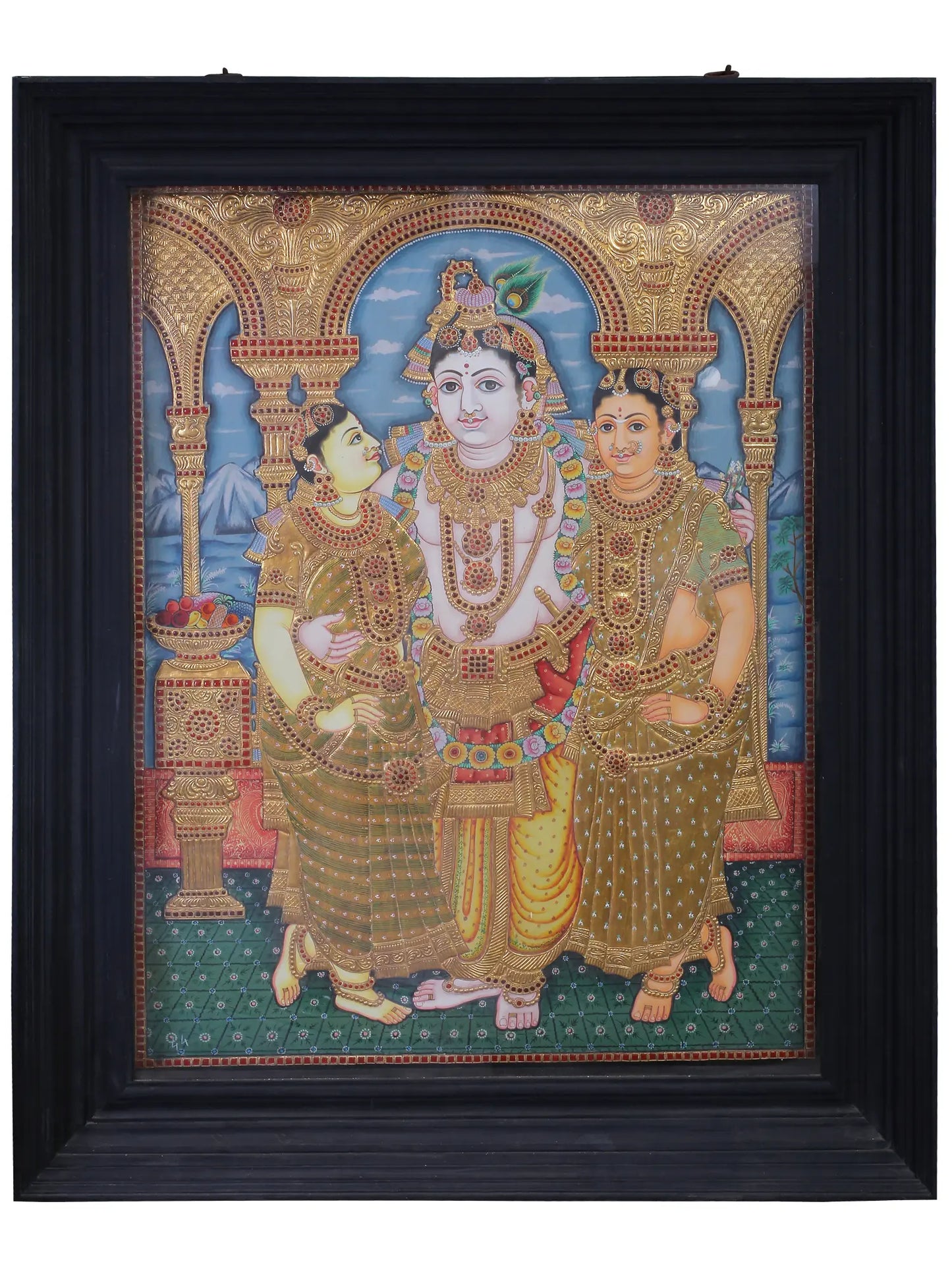 Lord Krishna with Rukmani & Satyabhama | Traditional Colors with 24K Gold | Tanjore Painting with Teakwood Frame